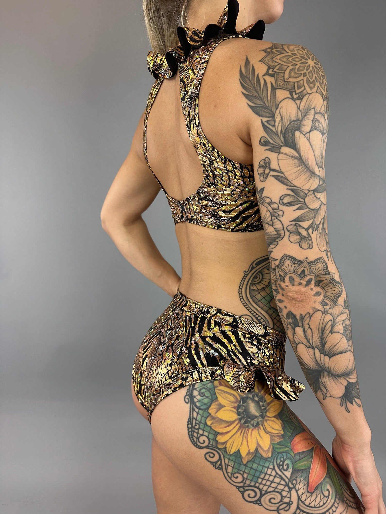 Gold &amp; Black Snakeskin Crop Top &amp; Bottom Set, Open Back, Cheeky Bottoms