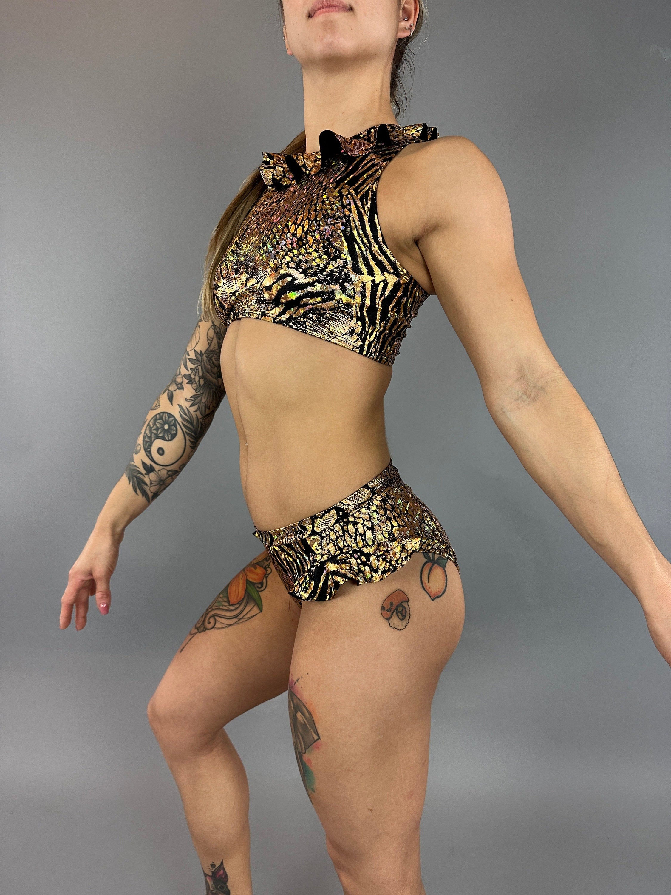 Gold &amp; Black Snakeskin Crop Top &amp; Bottom Set, Open Back, Cheeky Bottoms