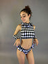 Black and White Diamond Crop Top and Bottom Set, Open Back Design, Includes Handcuffs