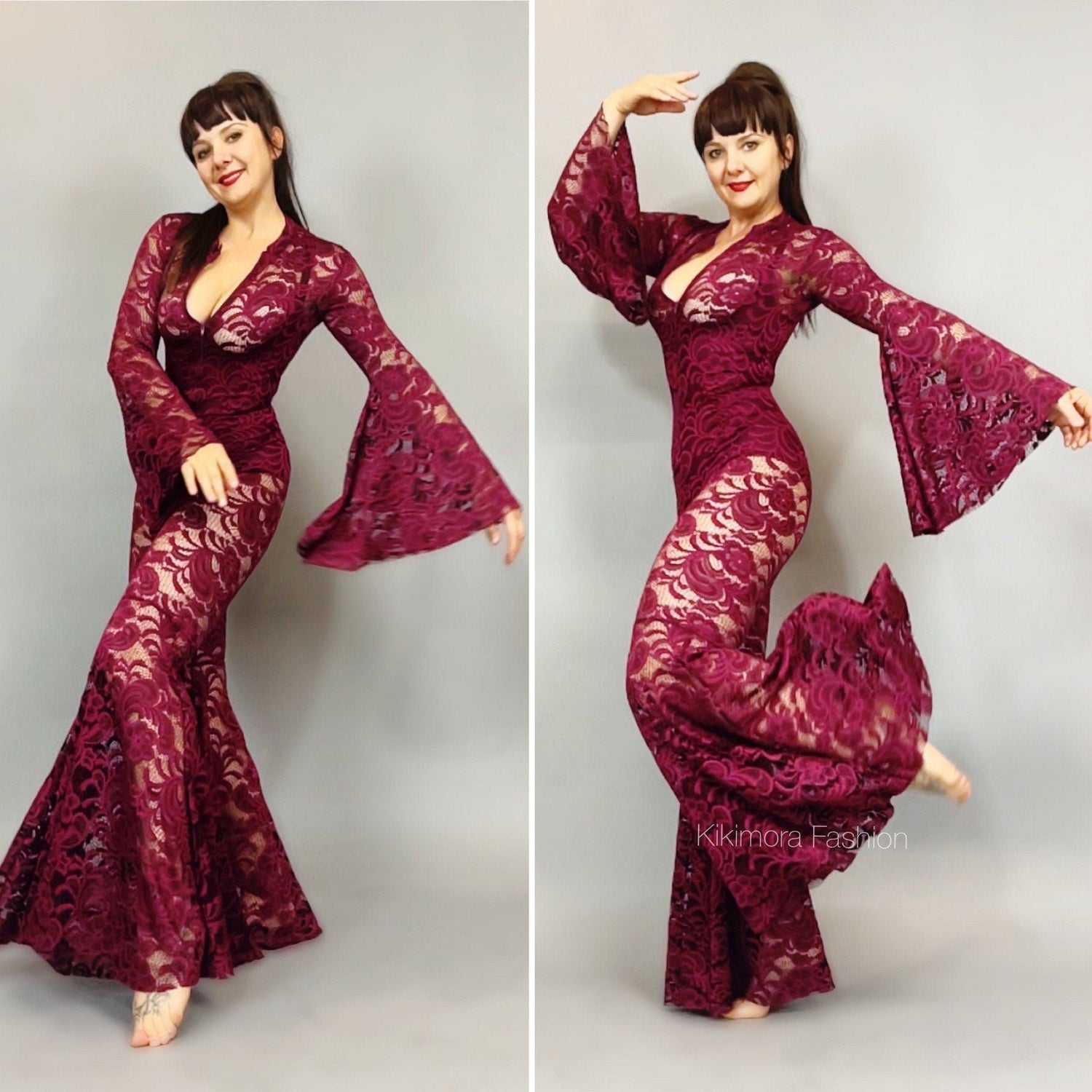 Burgundy Lace Jumpsuit, Bell Bottom Catsuit, 70s Cher Outfit, Flared Sleeve Bodysuit, Sheer Lace Unitard, Deep V-Neck One Piece Burgundy Lace Jumpsuit, Bell Bottom Catsuit, 70s Cher Outfit, Flared Sleeve Bodysuit, Sheer Lace Unitard, Deep V-Neck One Piece