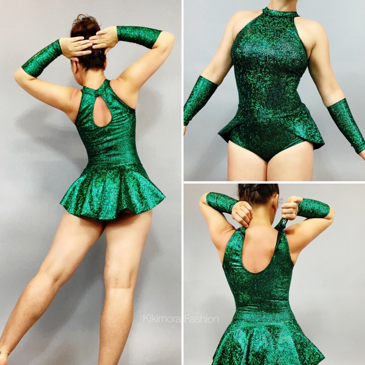 Emerald Green Leotard with Half Skirt, Halterneck, Sleeveless, Includes Hand Accessories Emerald Green Leotard with Half Skirt, Halterneck, Sleeveless, Includes Hand Accessories