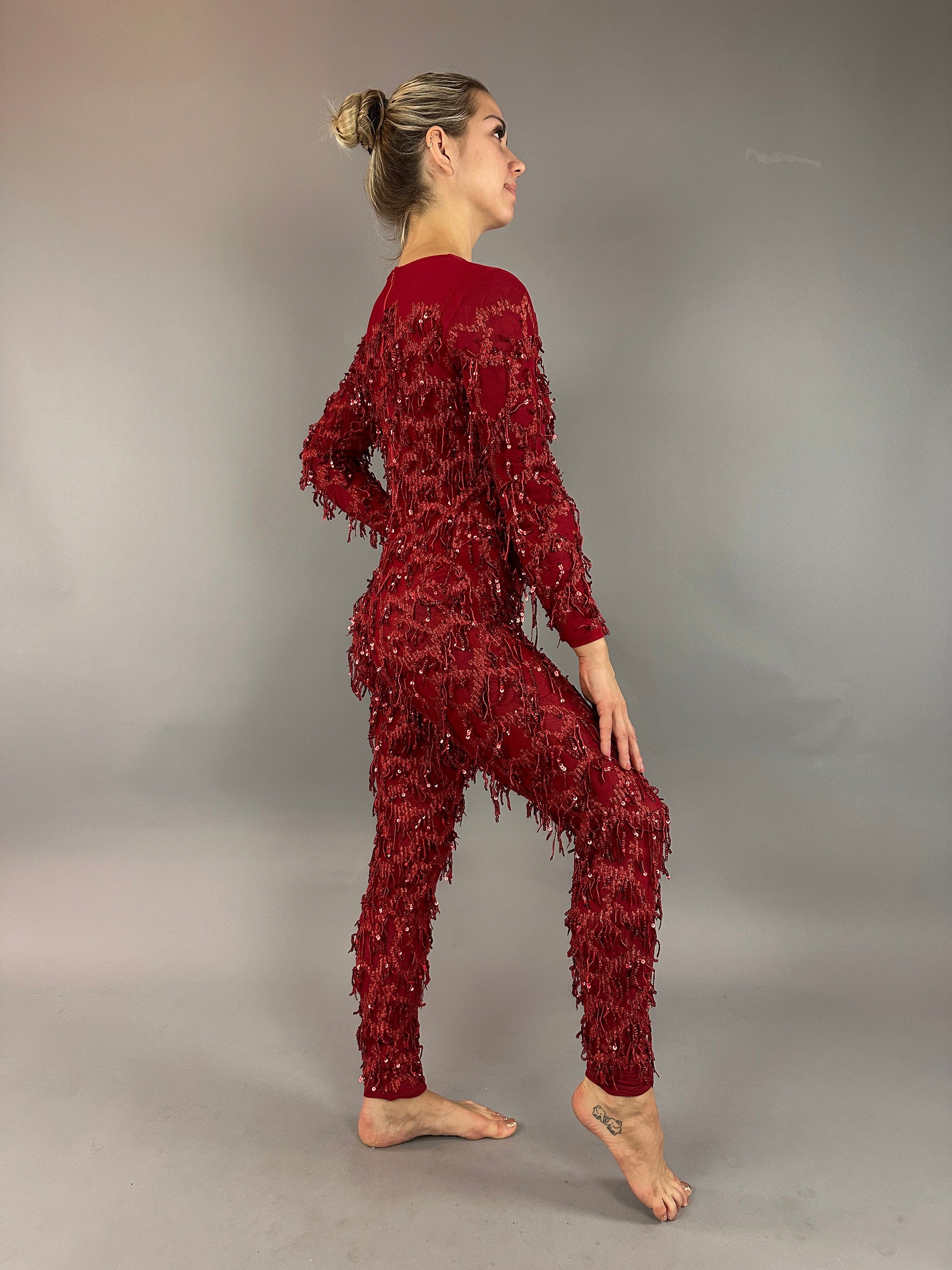 Red Cherry Jumpsuit, Catsuit costume. Christmas outfit, festival fashion, trending now, exotic dance wear.