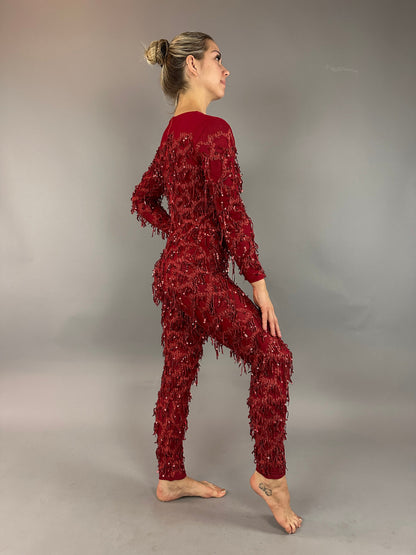 Red Cherry Jumpsuit, Catsuit costume. Christmas outfit, festival fashion, trending now, exotic dance wear.