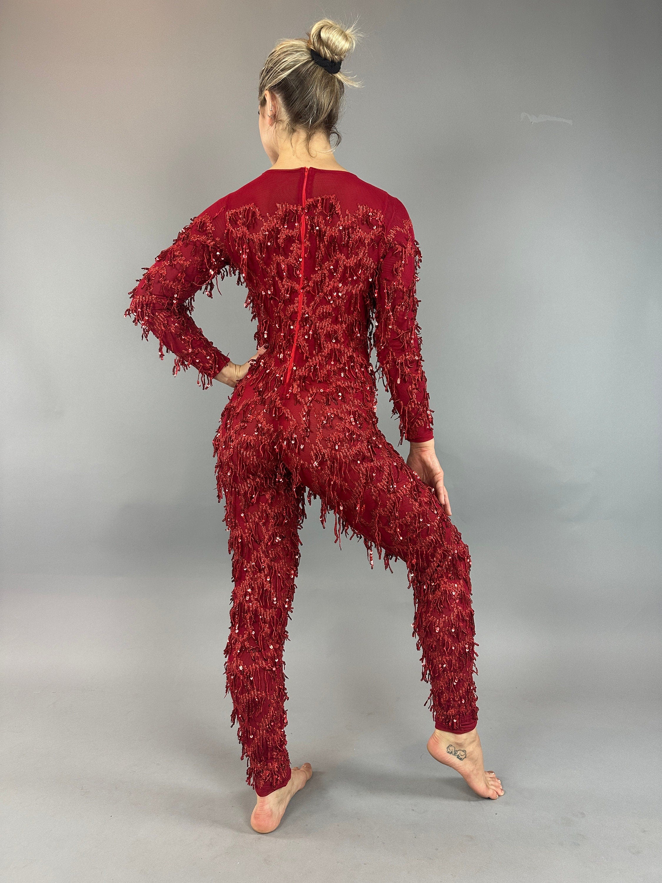 Red Cherry Jumpsuit, Catsuit costume. Christmas outfit, festival fashion, trending now, exotic dance wear.