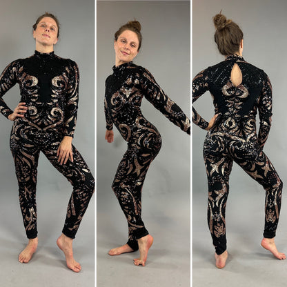 Beautiful Sequin Jumpsuit, Exotic Dance wear, Gymnastic costume, Futuristic Fashion, Festival catsuit, trending now.