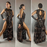 Black Sheer Sequin Dress, Long Slits, Sleeveless, Includes Wristbands
