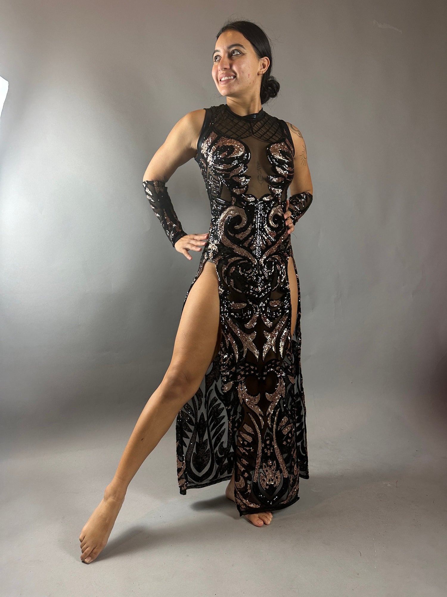 Black Sheer Sequin Dress, Long Slits, Sleeveless, Includes Wristbands Black Sheer Sequin Dress, Long Slits, Sleeveless, Includes Wristbands