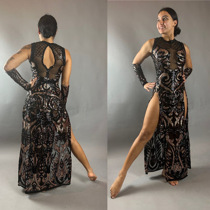Black Sheer Sequin Dress, Long Slits, Sleeveless, Includes Wristbands