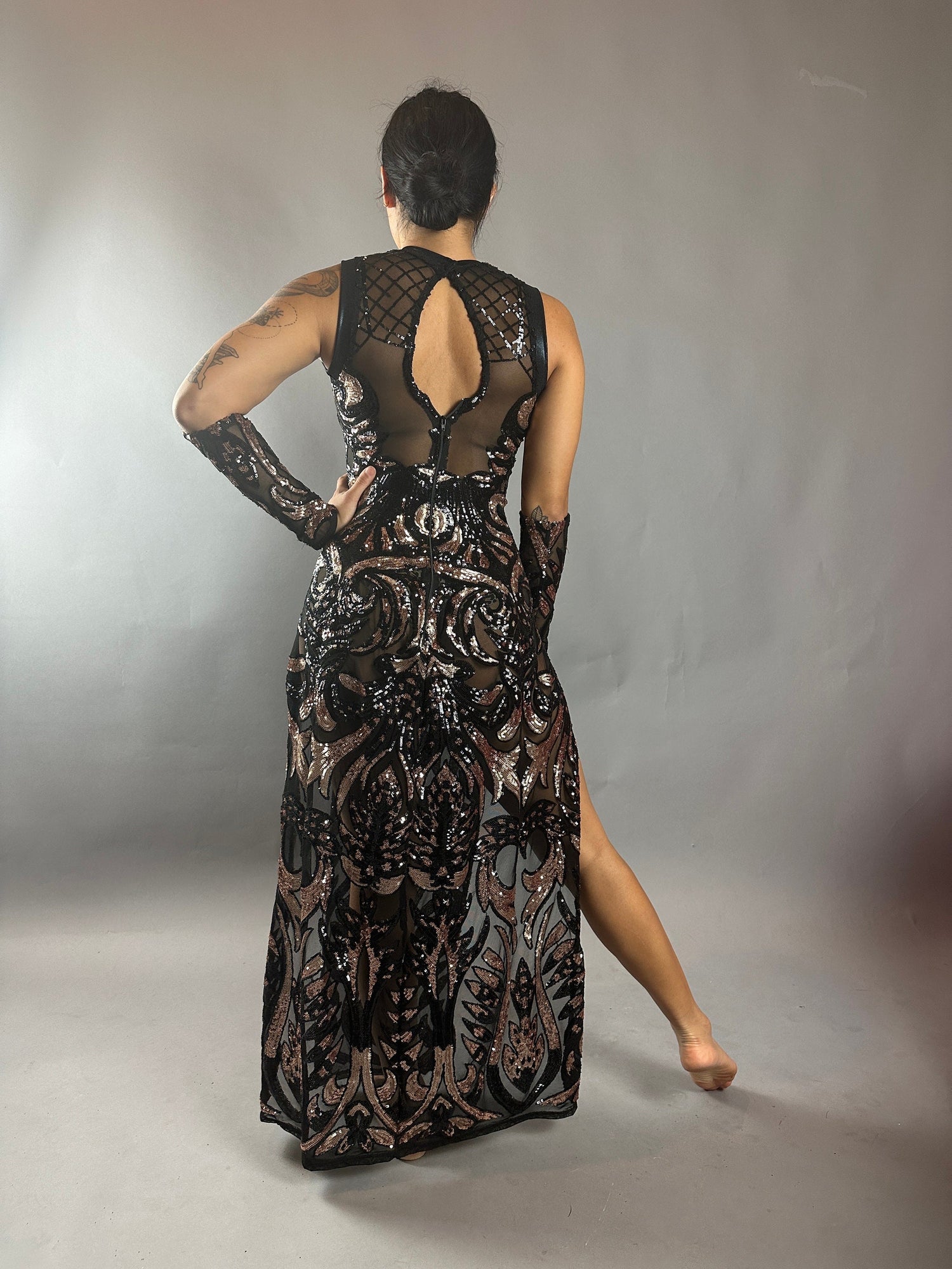 Black Sheer Sequin Dress, Long Slits, Sleeveless, Includes Wristbands Black Sheer Sequin Dress, Long Slits, Sleeveless, Includes Wristbands