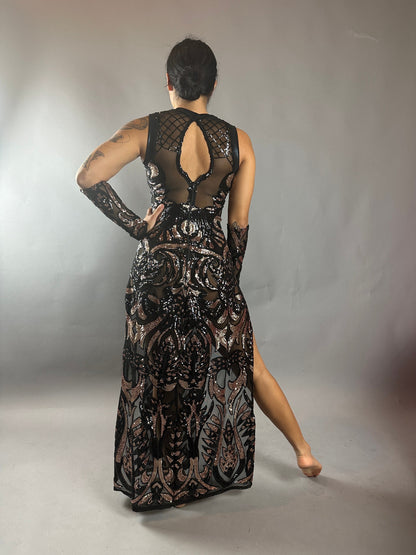 Black Sheer Sequin Dress, Long Slits, Sleeveless, Includes Wristbands