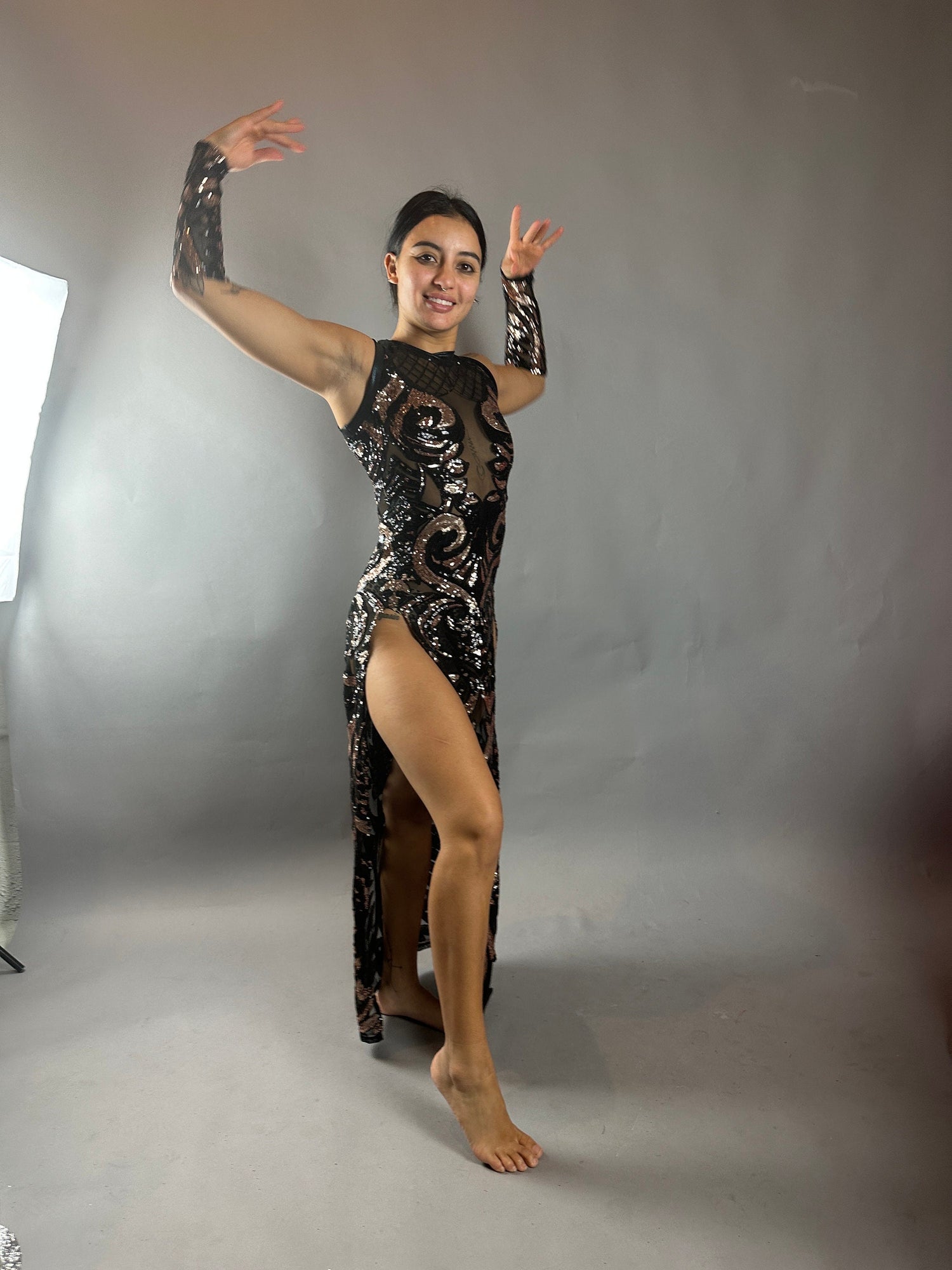 Black Sheer Sequin Dress, Long Slits, Sleeveless, Includes Wristbands