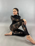 Black Hologram And Lace Jumpsuit, Full Sleeves Catsuit, Turtleneck, Long Back Zipper