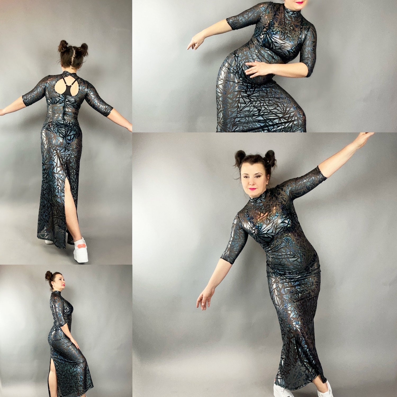 Sheer Mesh Maxi Dress, Holographic Geometric Print Gown, Black Spandex Party Dress, Long Sleeve Festival Outfit, See Through Club Wear Sheer Mesh Maxi Dress, Holographic Geometric Print Gown, Black Spandex Party Dress, Long Sleeve Festival Outfit, See Through Club Wear