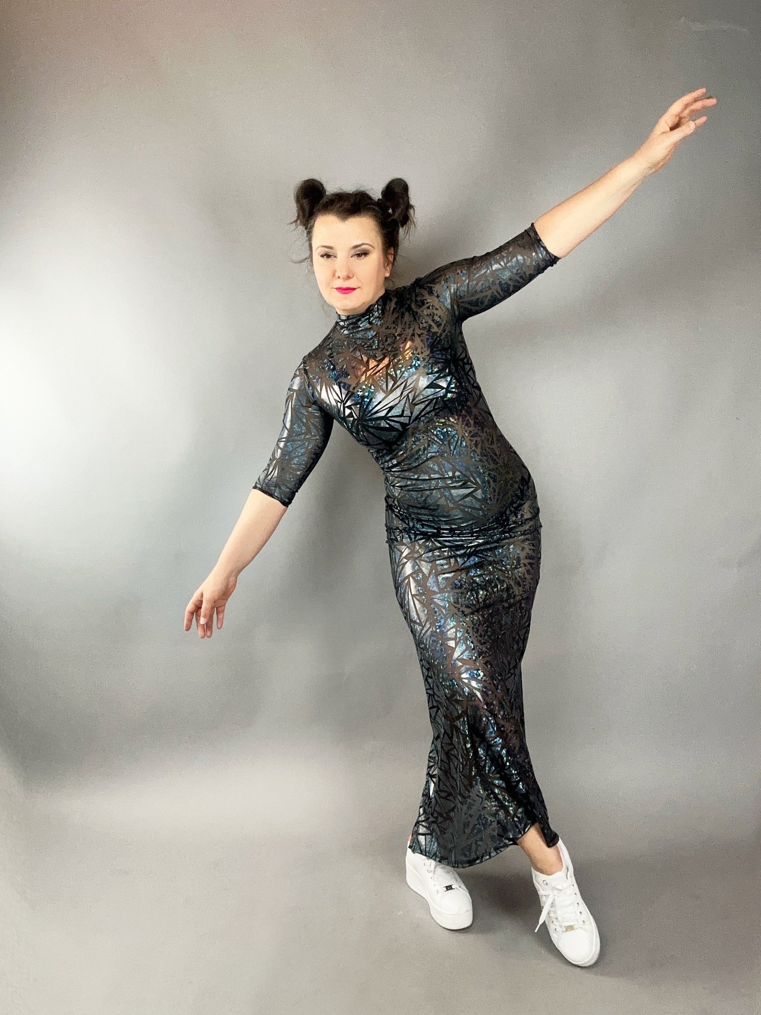 Sheer Mesh Maxi Dress, Holographic Geometric Print Gown, Black Spandex Party Dress, Long Sleeve Festival Outfit, See Through Club Wear Sheer Mesh Maxi Dress, Holographic Geometric Print Gown, Black Spandex Party Dress, Long Sleeve Festival Outfit, See Through Club Wear