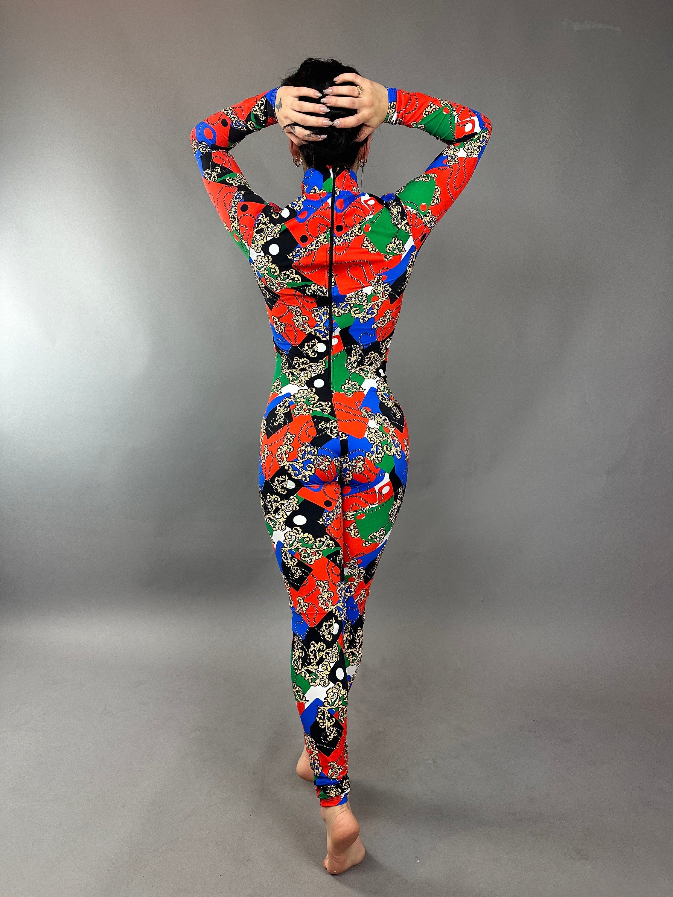 Multicolor Spandex Catsuit, Full Sleeves Jumpsuit, Turtleneck