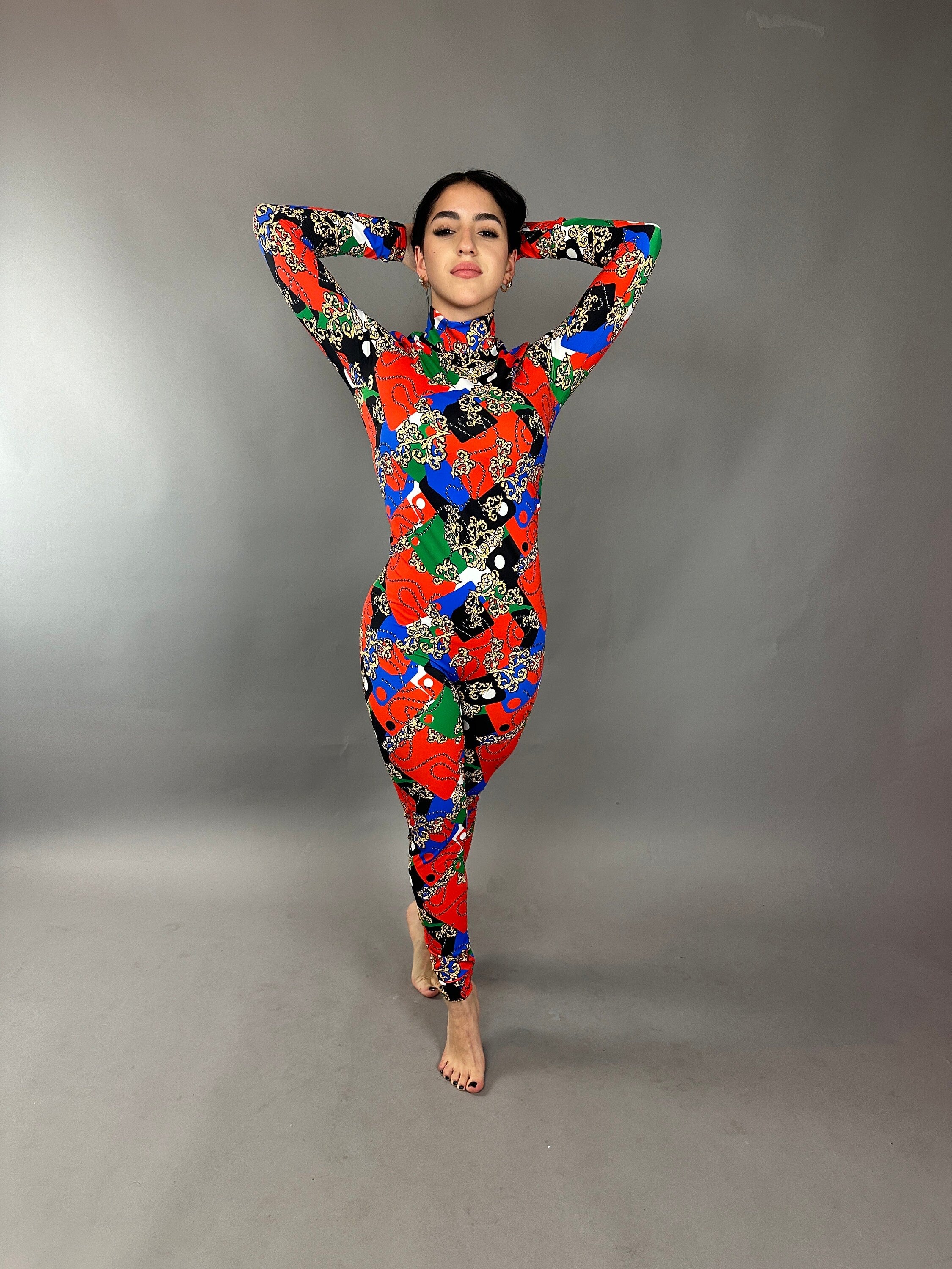 Multicolor Spandex Catsuit, Full Sleeves Jumpsuit, Turtleneck