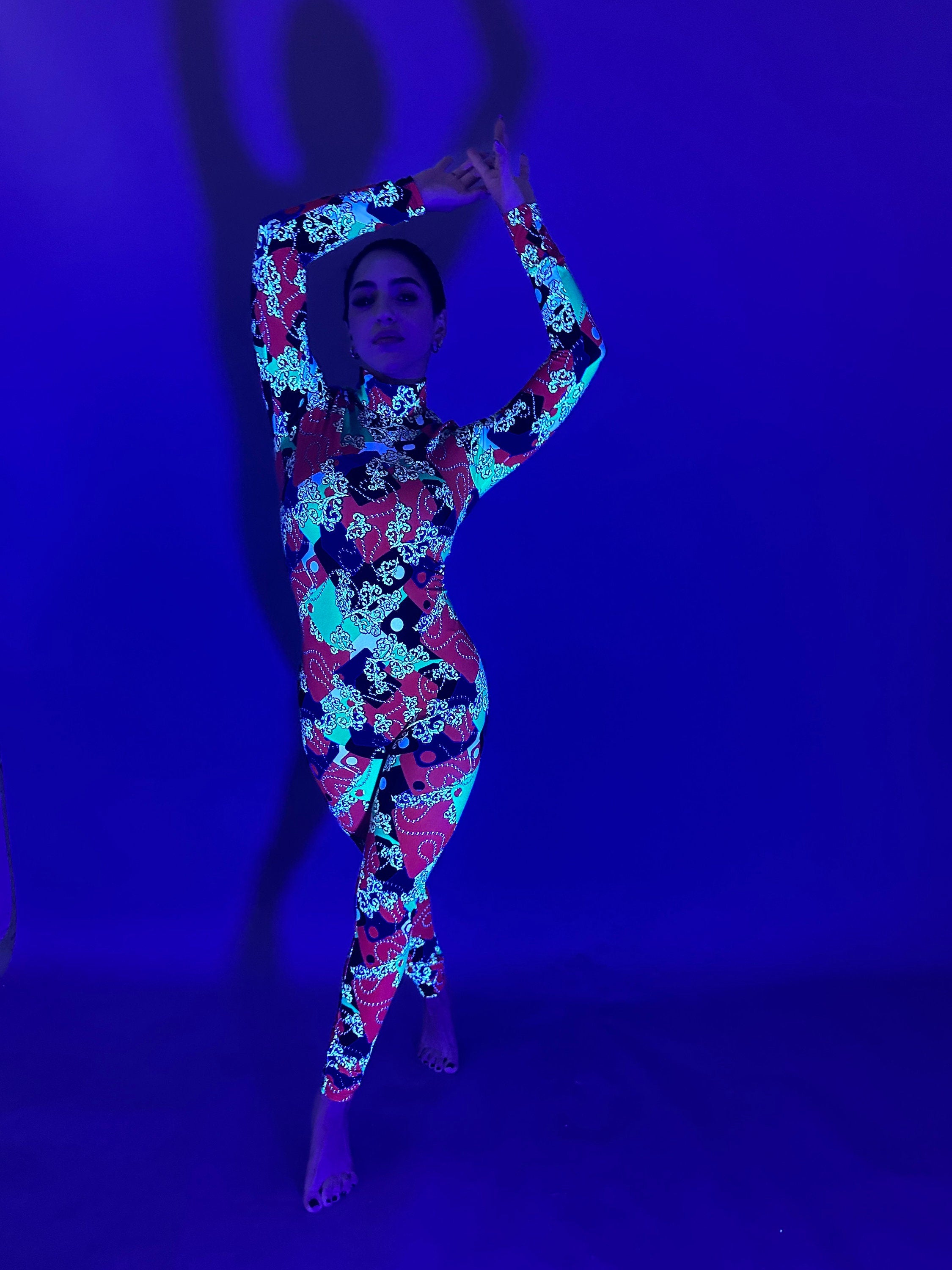 Multicolor Spandex Catsuit, Full Sleeves Jumpsuit, Turtleneck