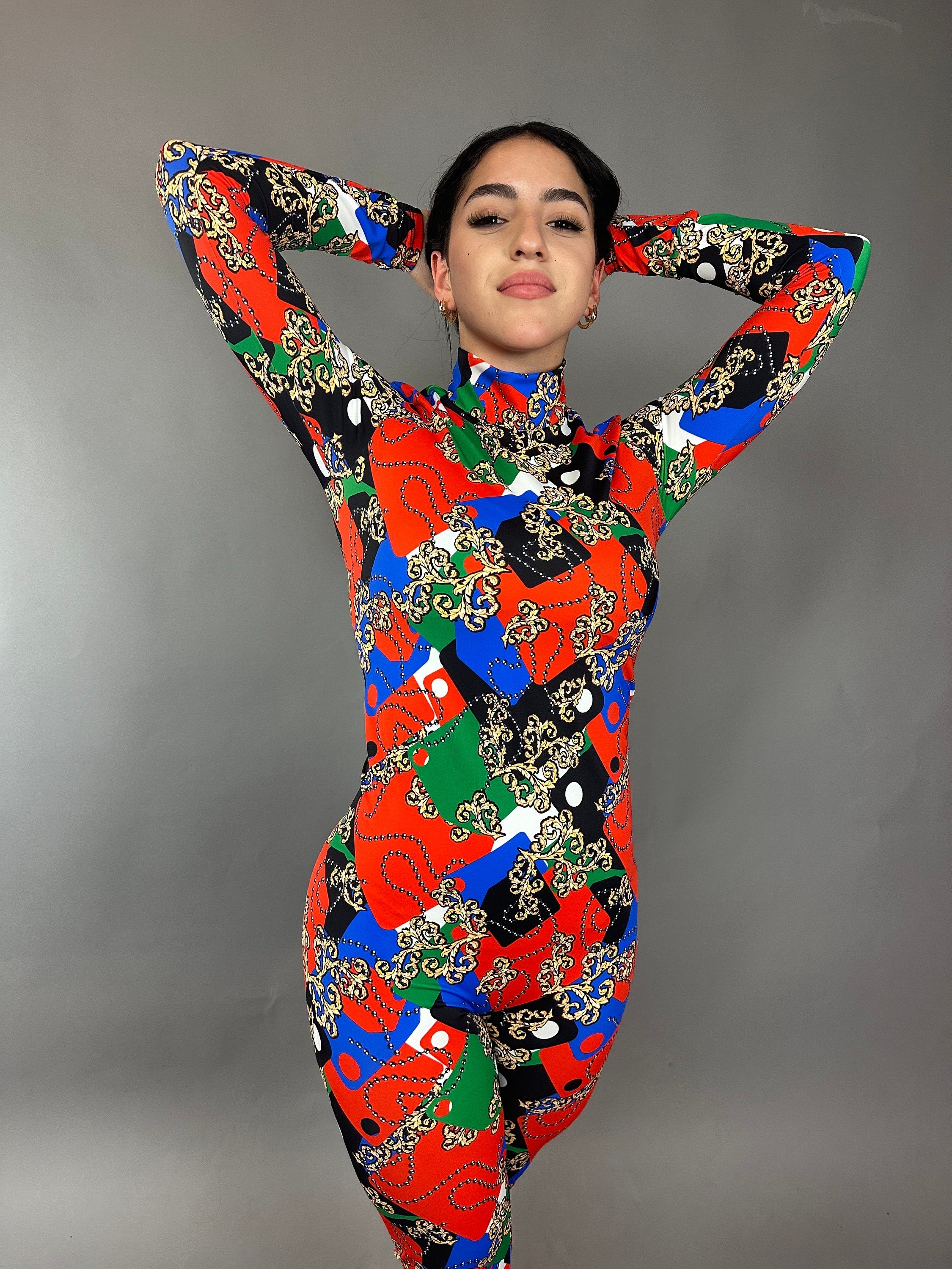 Multicolor Spandex Catsuit, Full Sleeves Jumpsuit, Turtleneck