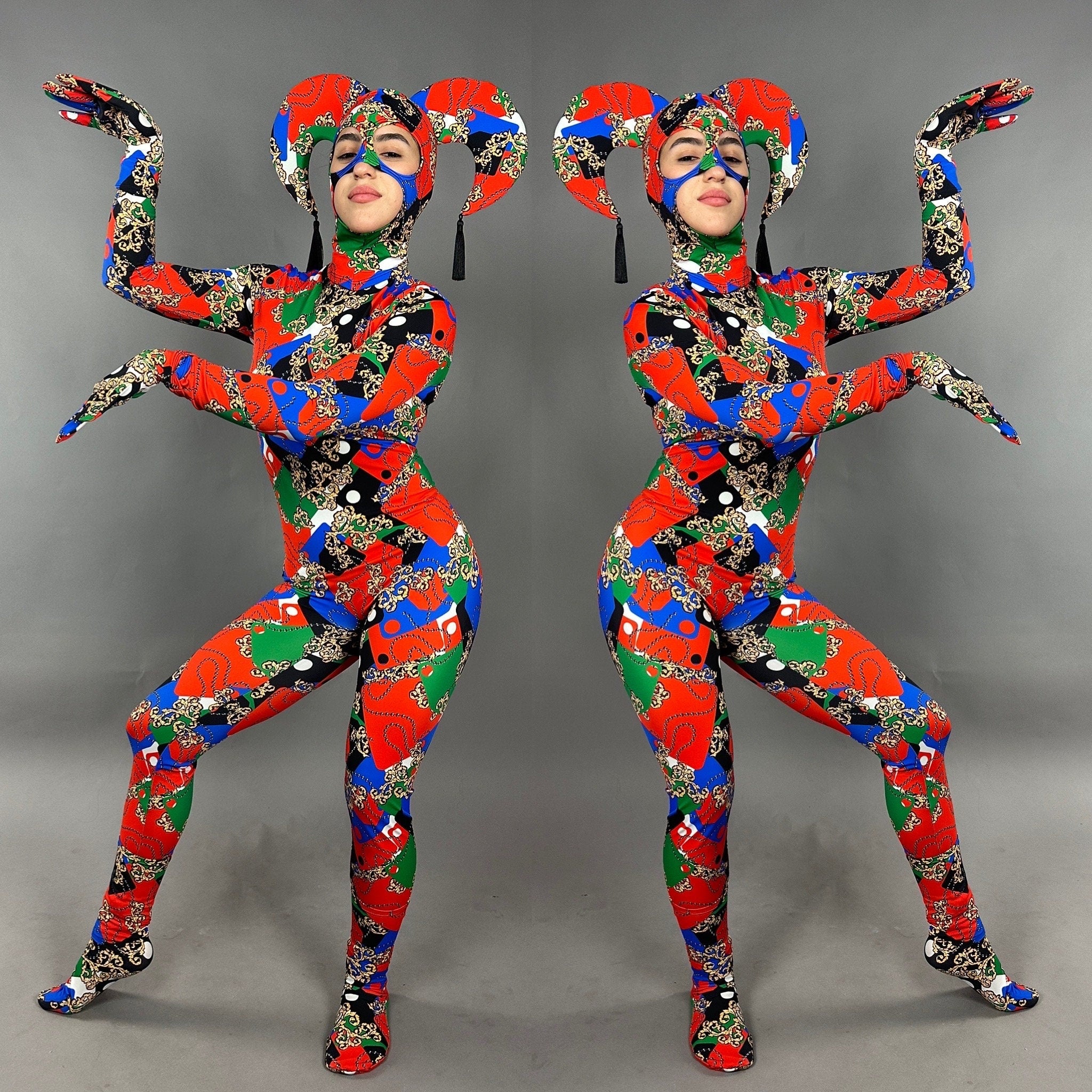 Joker costume, jester bodysuit, Exotic dance wear, Festival fashion, party outfit, Circus print, trending now. Mardi Gras festival