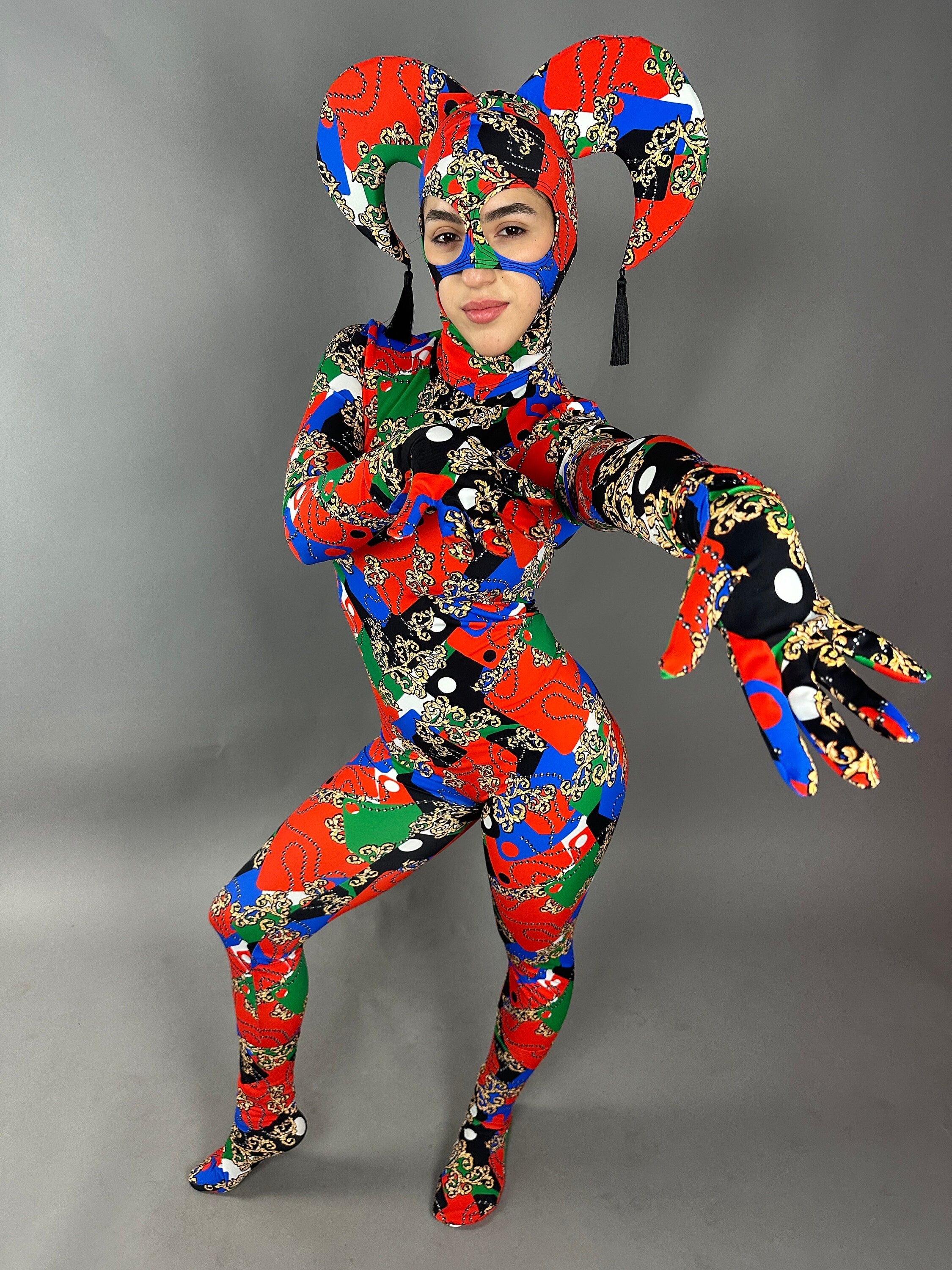 Joker costume, jester bodysuit, Exotic dance wear, Festival fashion, party outfit, Circus print, trending now. Mardi Gras festival