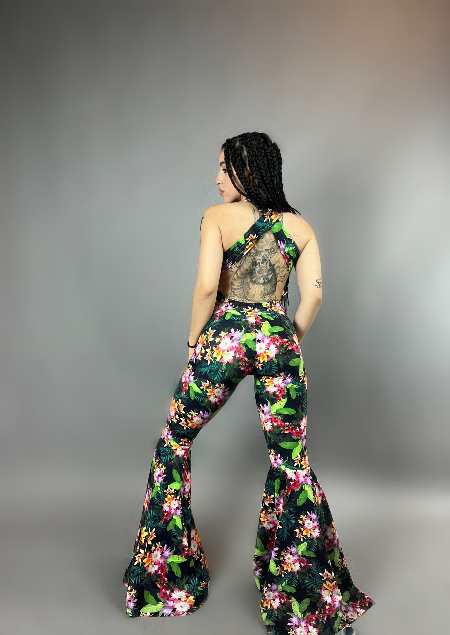 Tropical Floral Bell-Bottom Catsuit, Keyhole Front, Open Back