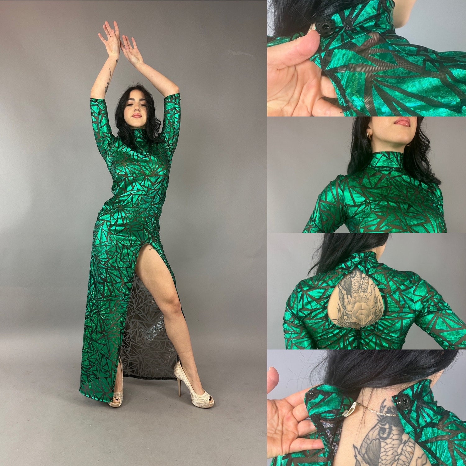 Emerald Green Mesh Dress, Turtleneck, 3/4 Sleeves Kikimora Fashion Store Emerald Green Mesh Dress, Turtleneck, 3/4 Sleeves Kikimora Fashion Store