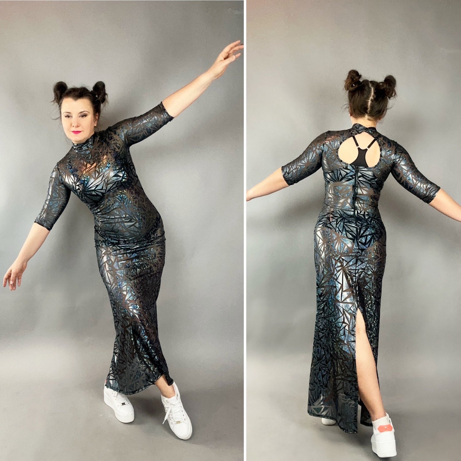 Sheer Mesh Maxi Dress, Holographic Geometric Print Gown, Black Spandex Party Dress, Long Sleeve Festival Outfit, See Through Club Wear Sheer Mesh Maxi Dress, Holographic Geometric Print Gown, Black Spandex Party Dress, Long Sleeve Festival Outfit, See Through Club Wear