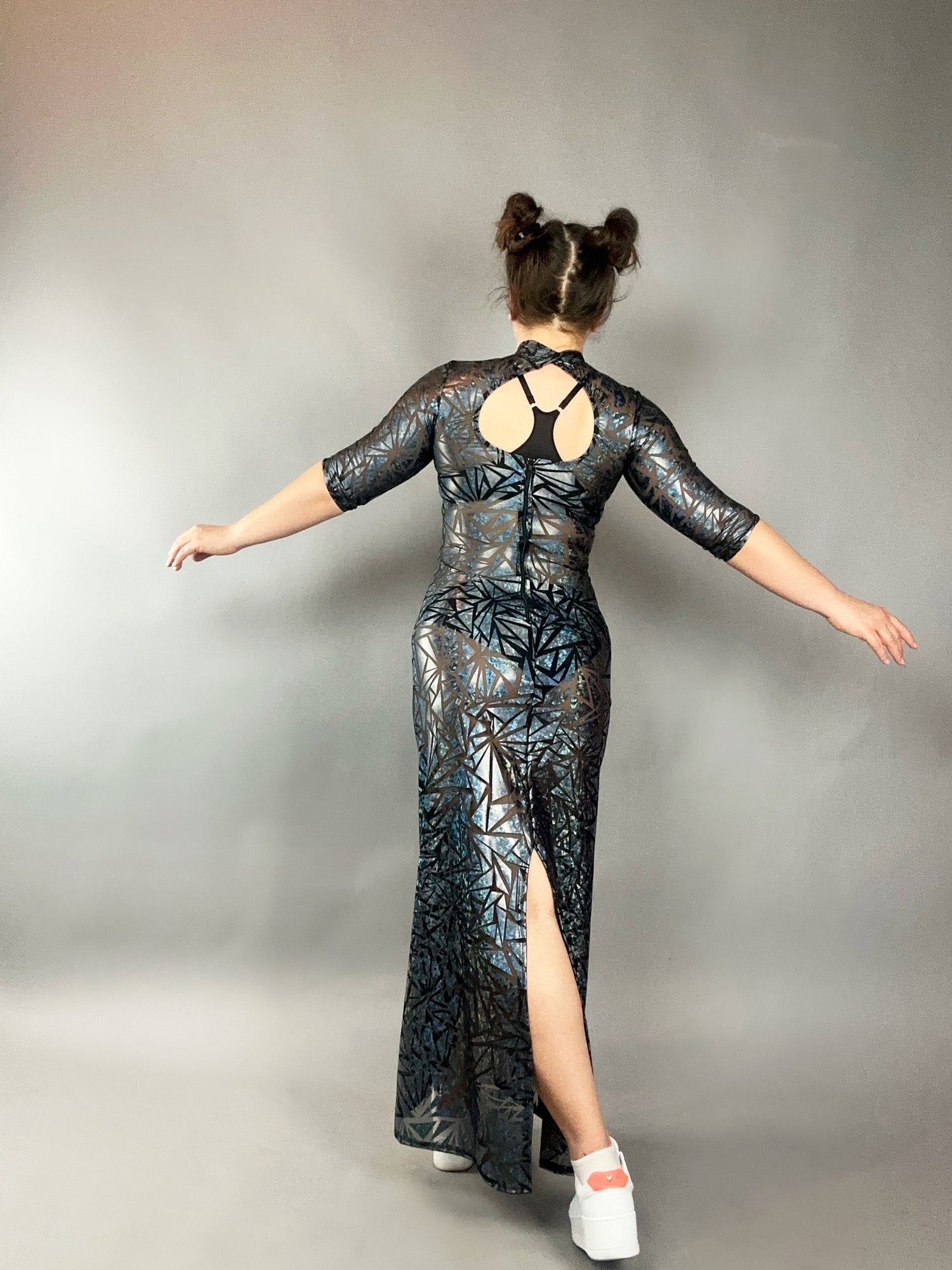 Sheer Mesh Maxi Dress, Holographic Geometric Print Gown, Black Spandex Party Dress, Long Sleeve Festival Outfit, See Through Club Wear Sheer Mesh Maxi Dress, Holographic Geometric Print Gown, Black Spandex Party Dress, Long Sleeve Festival Outfit, See Through Club Wear