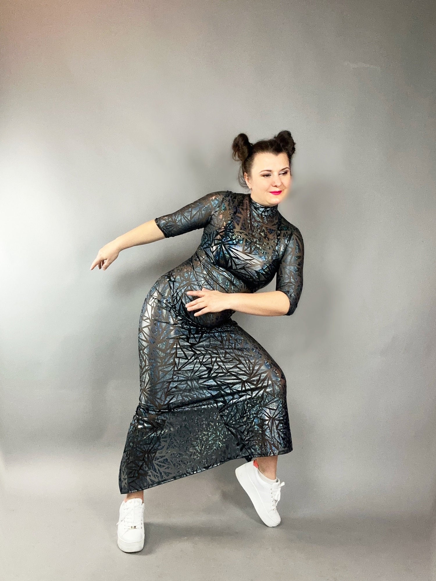 Sheer Mesh Maxi Dress, Holographic Geometric Print Gown, Black Spandex Party Dress, Long Sleeve Festival Outfit, See Through Club Wear Sheer Mesh Maxi Dress, Holographic Geometric Print Gown, Black Spandex Party Dress, Long Sleeve Festival Outfit, See Through Club Wear