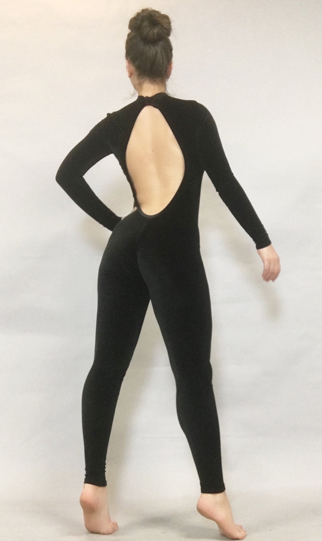 Black Cat Velvet Catsuit, Open Back Full Bodysuit, Full Sleeves Jumpsuit, Scoop Neck