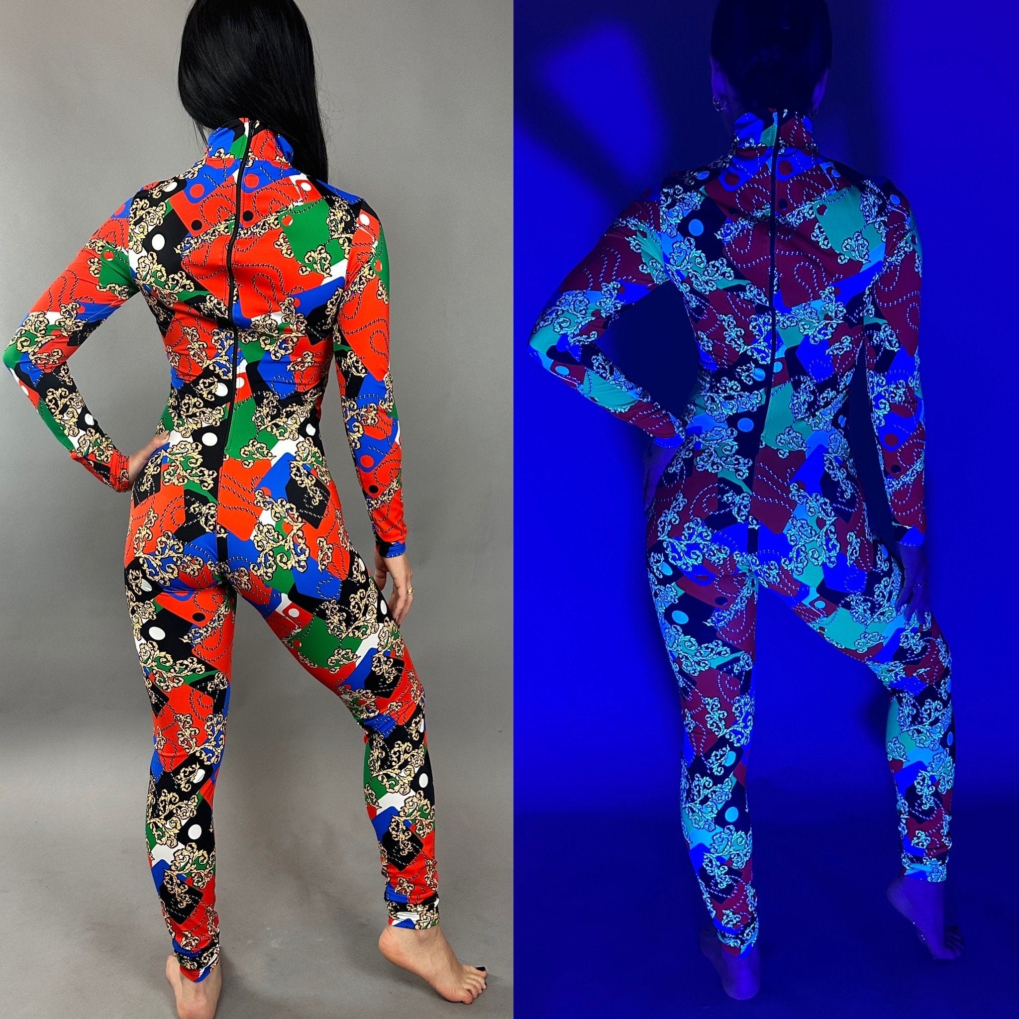 Multicolor Spandex Catsuit, Full Sleeves Jumpsuit, Turtleneck