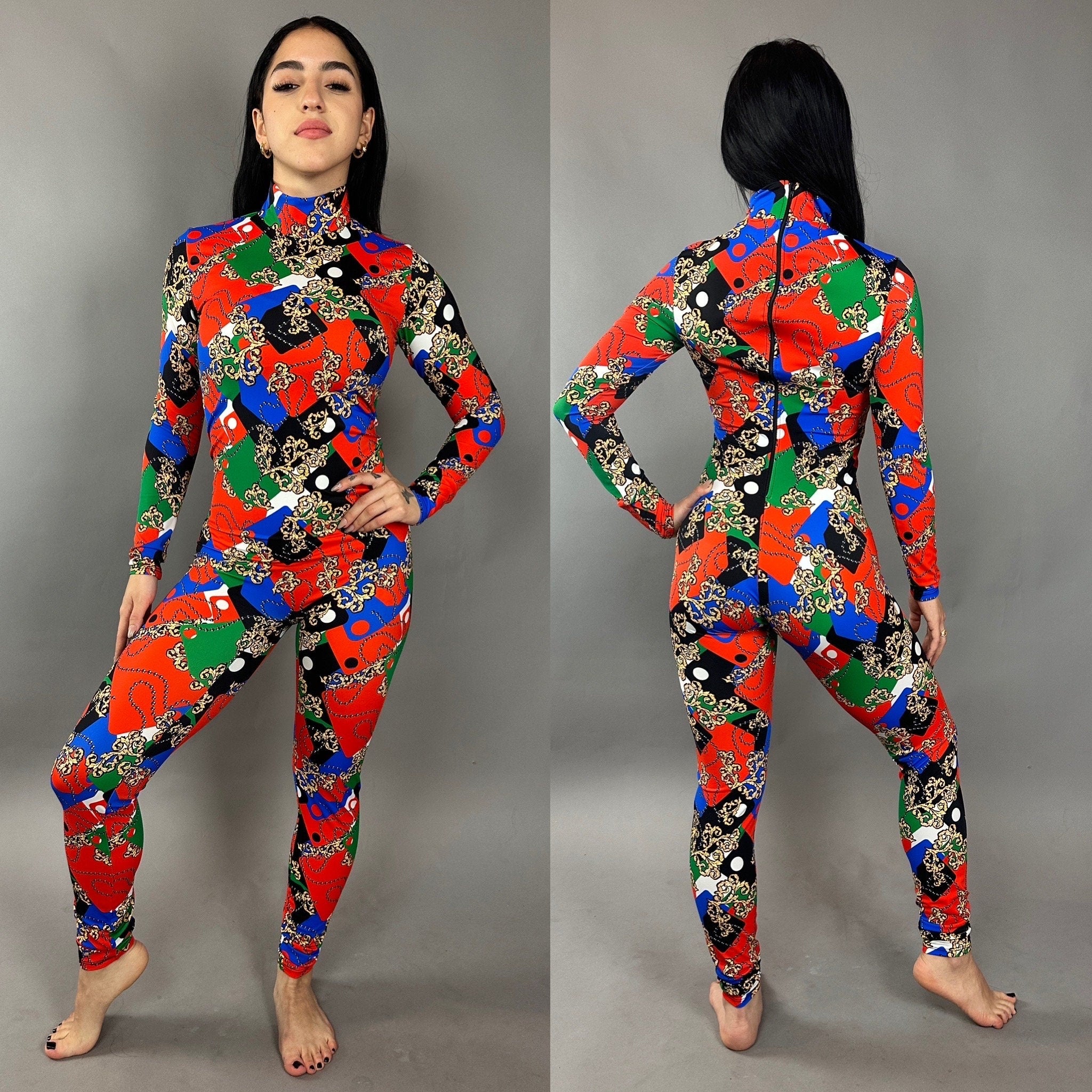 Multicolor Spandex Catsuit, Full Sleeves Jumpsuit, Turtleneck