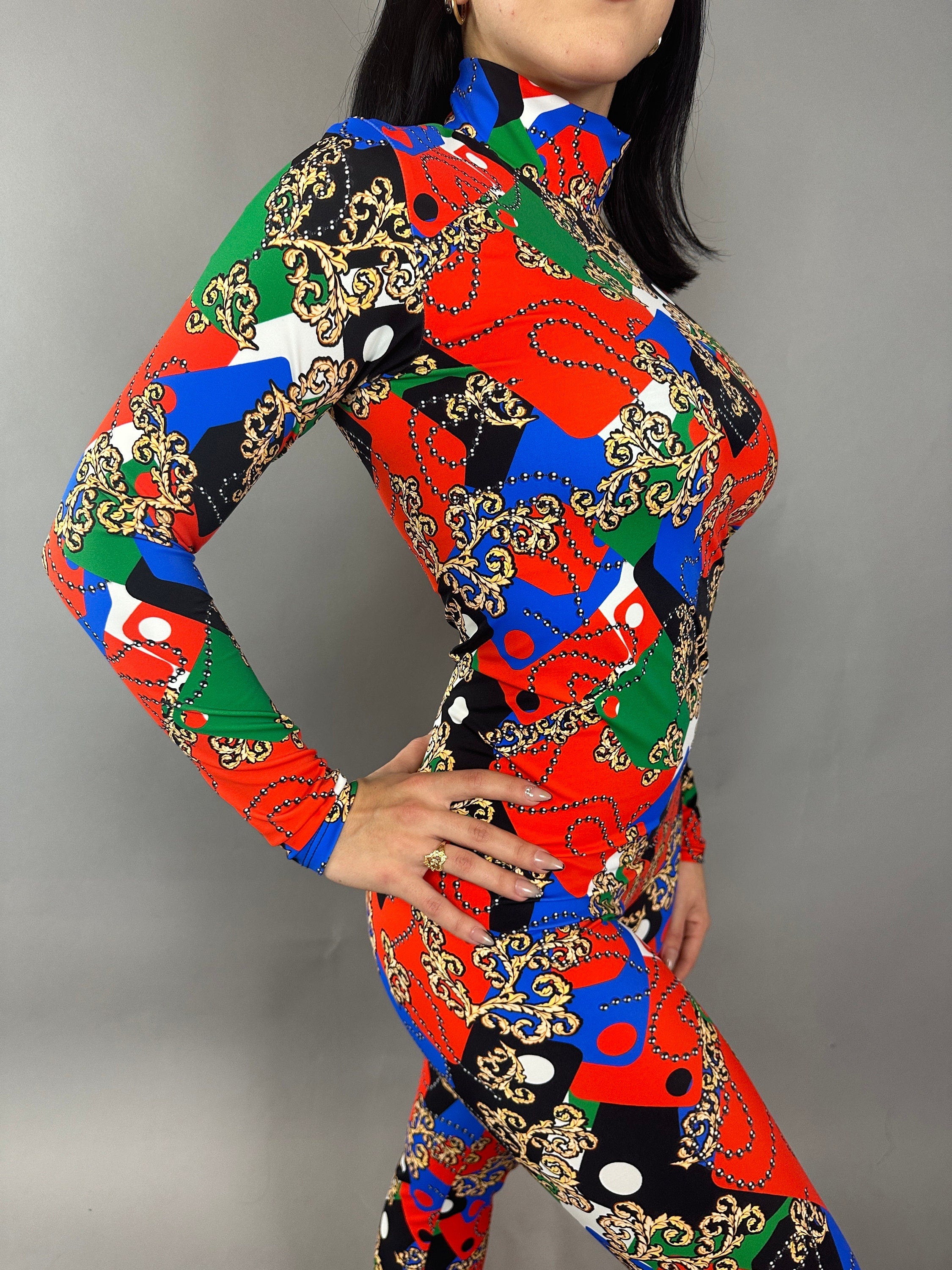 Multicolor Spandex Catsuit, Full Sleeves Jumpsuit, Turtleneck