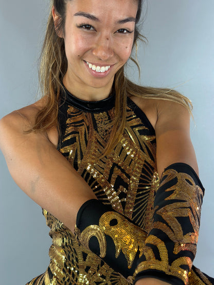 Show girl costume, Black Gold Sequins Leotard, Salsa dancer, bodysuit for woman, Exotic Dance wear, Bridal bodysuit.trending now