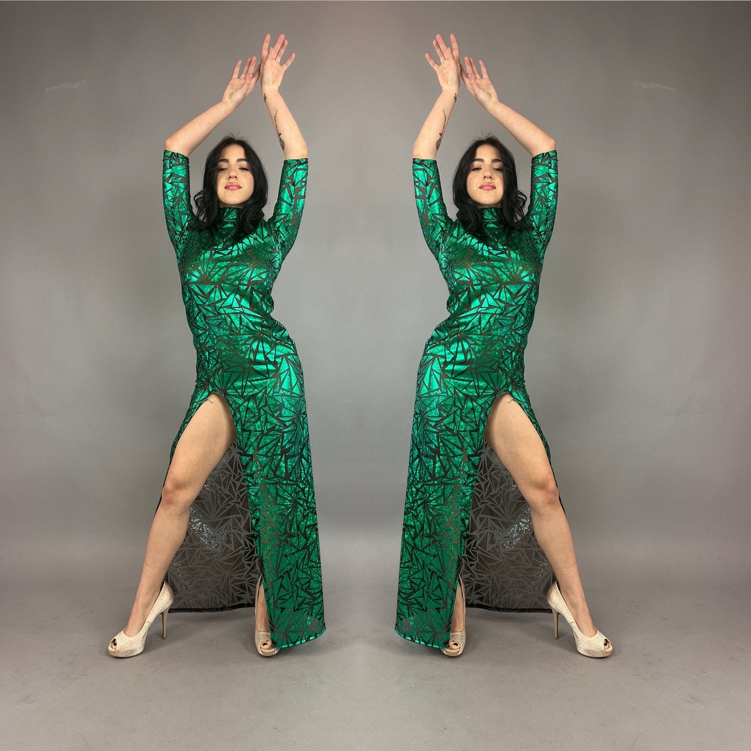 Emerald Green Mesh Dress, Turtleneck, 3/4 Sleeves Kikimora Fashion Store Emerald Green Mesh Dress, Turtleneck, 3/4 Sleeves Kikimora Fashion Store