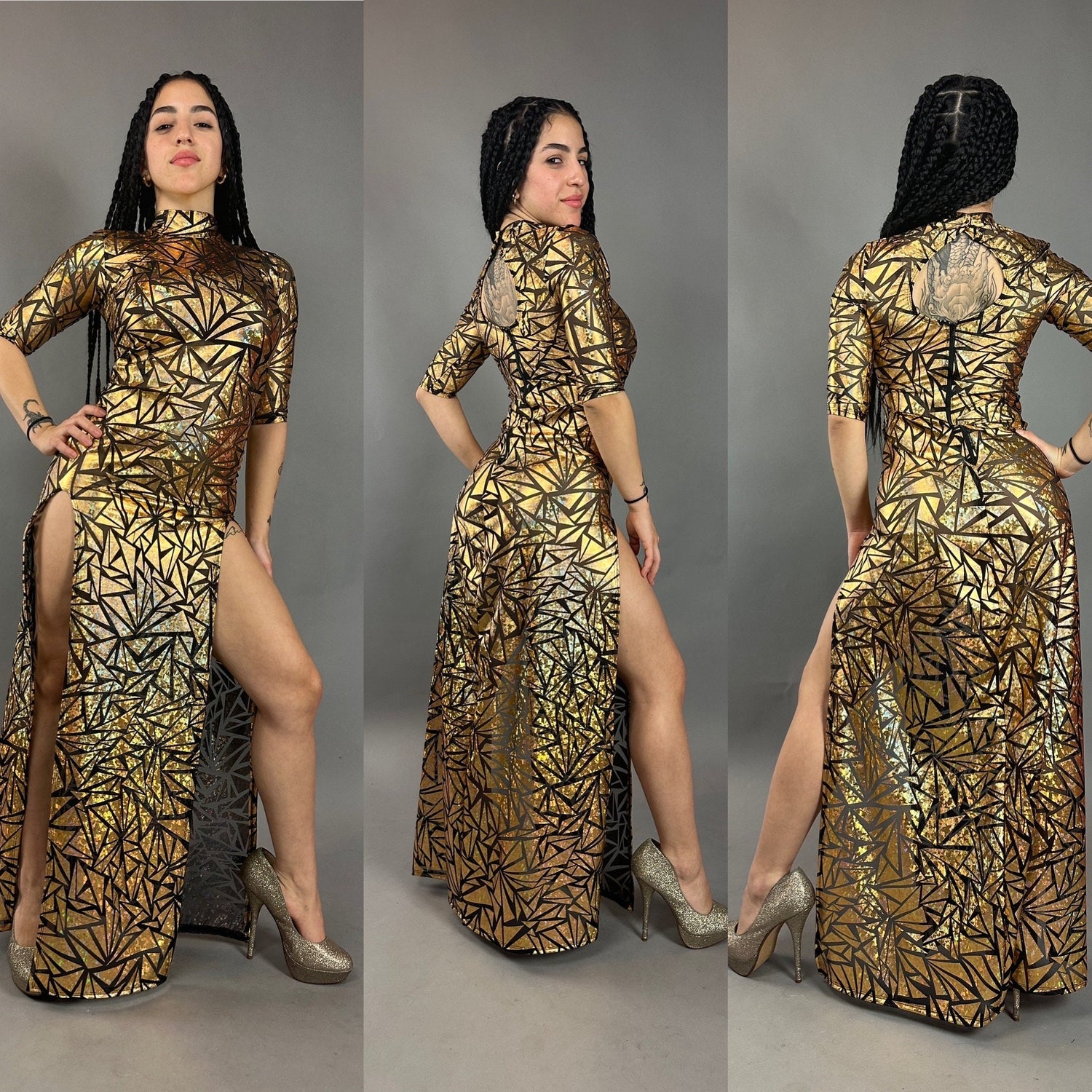 Gold Mesh Dress, Holographic Geometric Print Gown, Sheer Spandex Party Dress, High Slit Festival Outfit, Futuristic Club Wear, Open Back Gold Mesh Dress, Holographic Geometric Print Gown, Sheer Spandex Party Dress, High Slit Festival Outfit, Futuristic Club Wear, Open Back