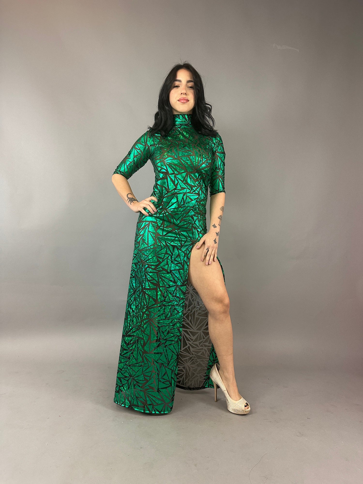 Emerald Green Mesh Dress, Turtleneck, 3/4 Sleeves Emerald Green Mesh Dress, Turtleneck, 3/4 Sleeves