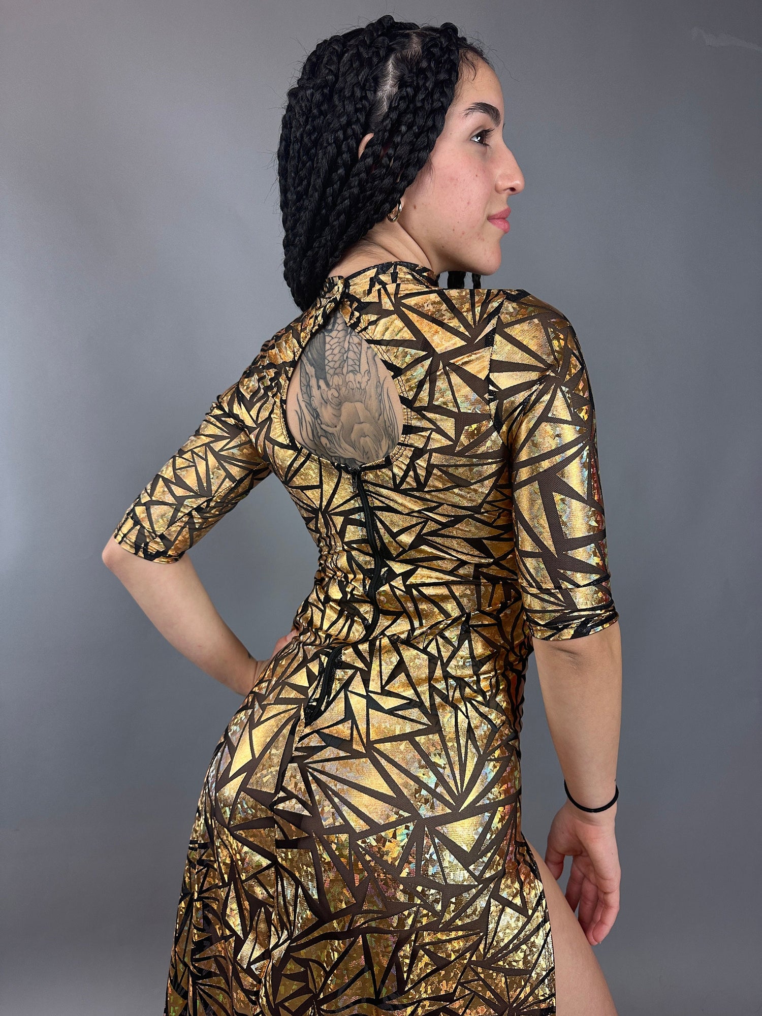 Gold Mesh Dress, Holographic Geometric Print Gown, Sheer Spandex Party Dress, High Slit Festival Outfit, Futuristic Club Wear, Open Back Gold Mesh Dress, Holographic Geometric Print Gown, Sheer Spandex Party Dress, High Slit Festival Outfit, Futuristic Club Wear, Open Back