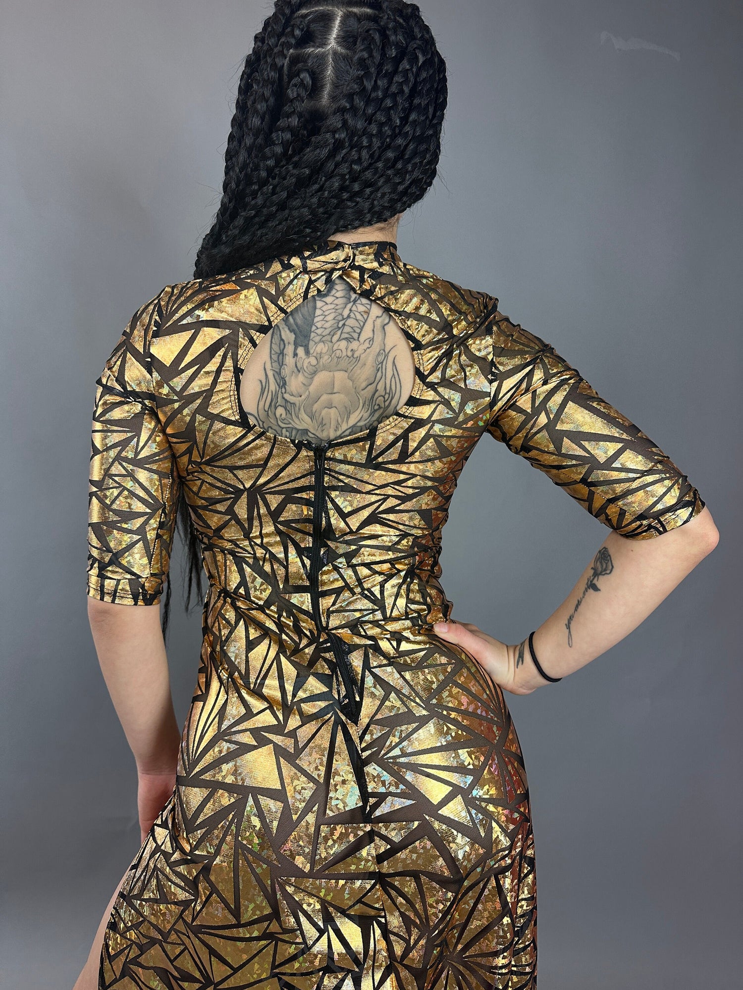 Gold Mesh Dress, Holographic Geometric Print Gown, Sheer Spandex Party Dress, High Slit Festival Outfit, Futuristic Club Wear, Open Back Gold Mesh Dress, Holographic Geometric Print Gown, Sheer Spandex Party Dress, High Slit Festival Outfit, Futuristic Club Wear, Open Back