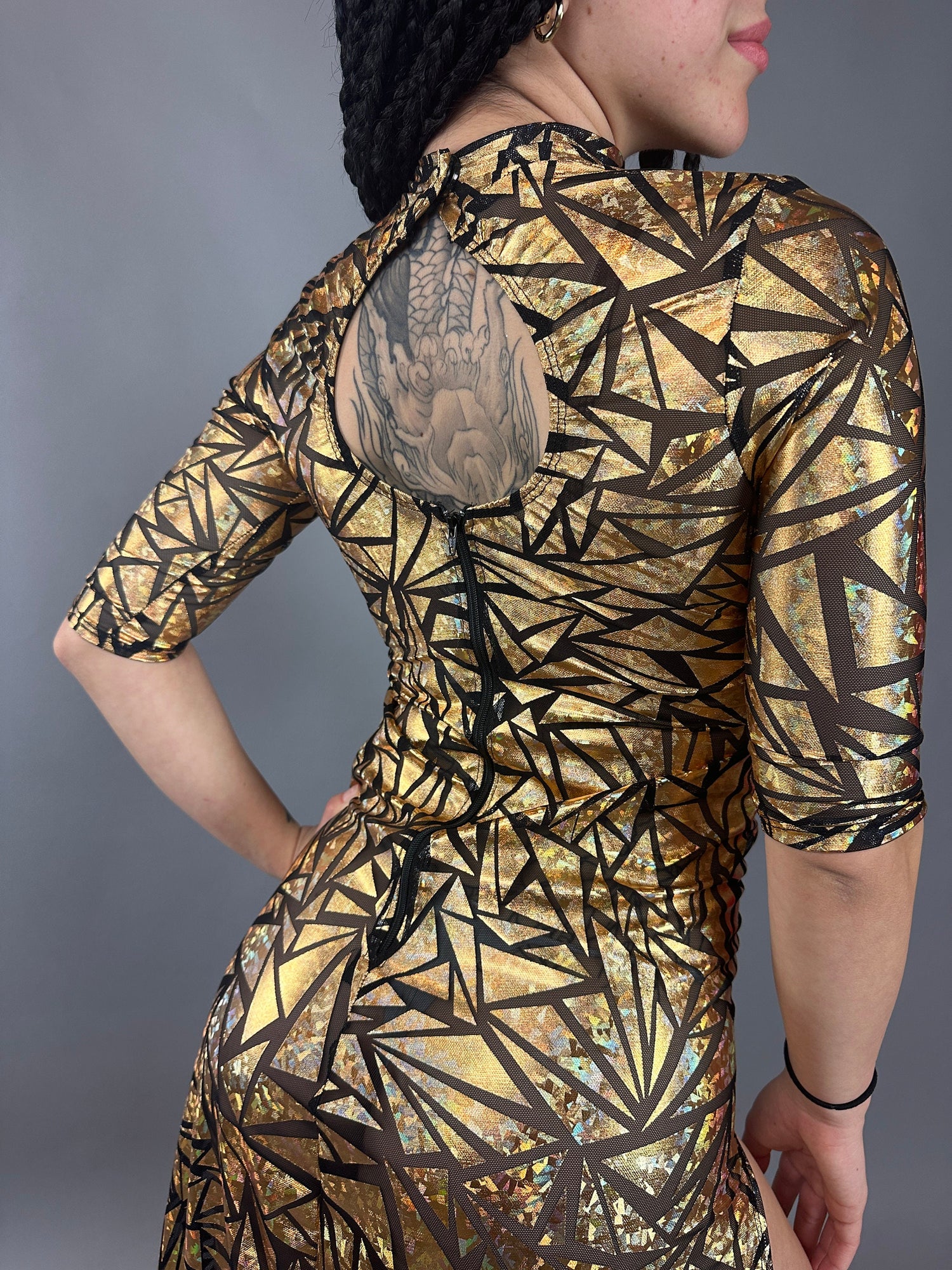 Gold Mesh Dress, Holographic Geometric Print Gown, Sheer Spandex Party Dress, High Slit Festival Outfit, Futuristic Club Wear, Open Back Gold Mesh Dress, Holographic Geometric Print Gown, Sheer Spandex Party Dress, High Slit Festival Outfit, Futuristic Club Wear, Open Back