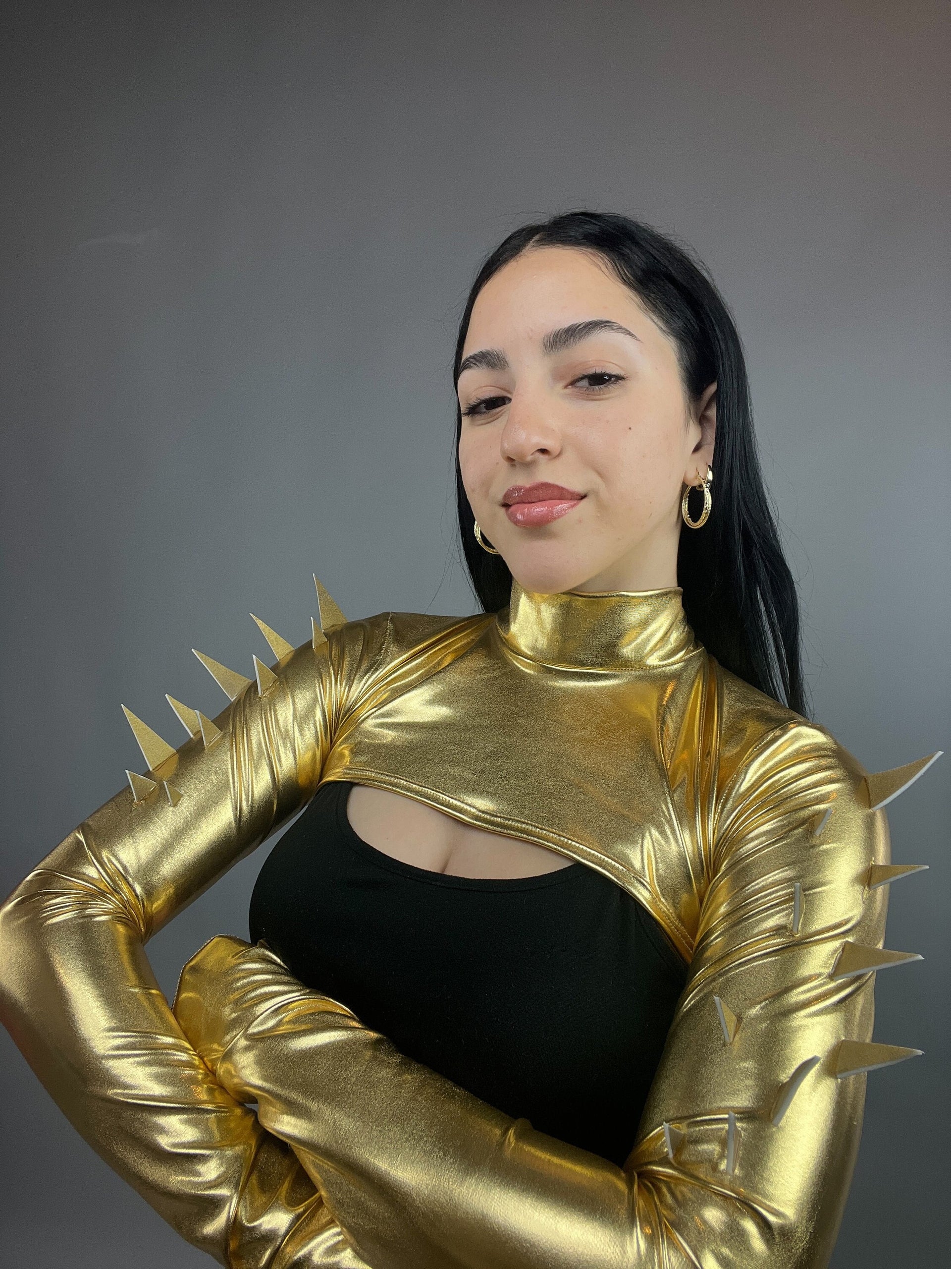 Gold Spiky Shrug, Futuristic Arm Sleeves, Upcycled Spandex Crop Top, Exotic Dance Wear, Festival Fashion, Spike Costume, Gold Bolero