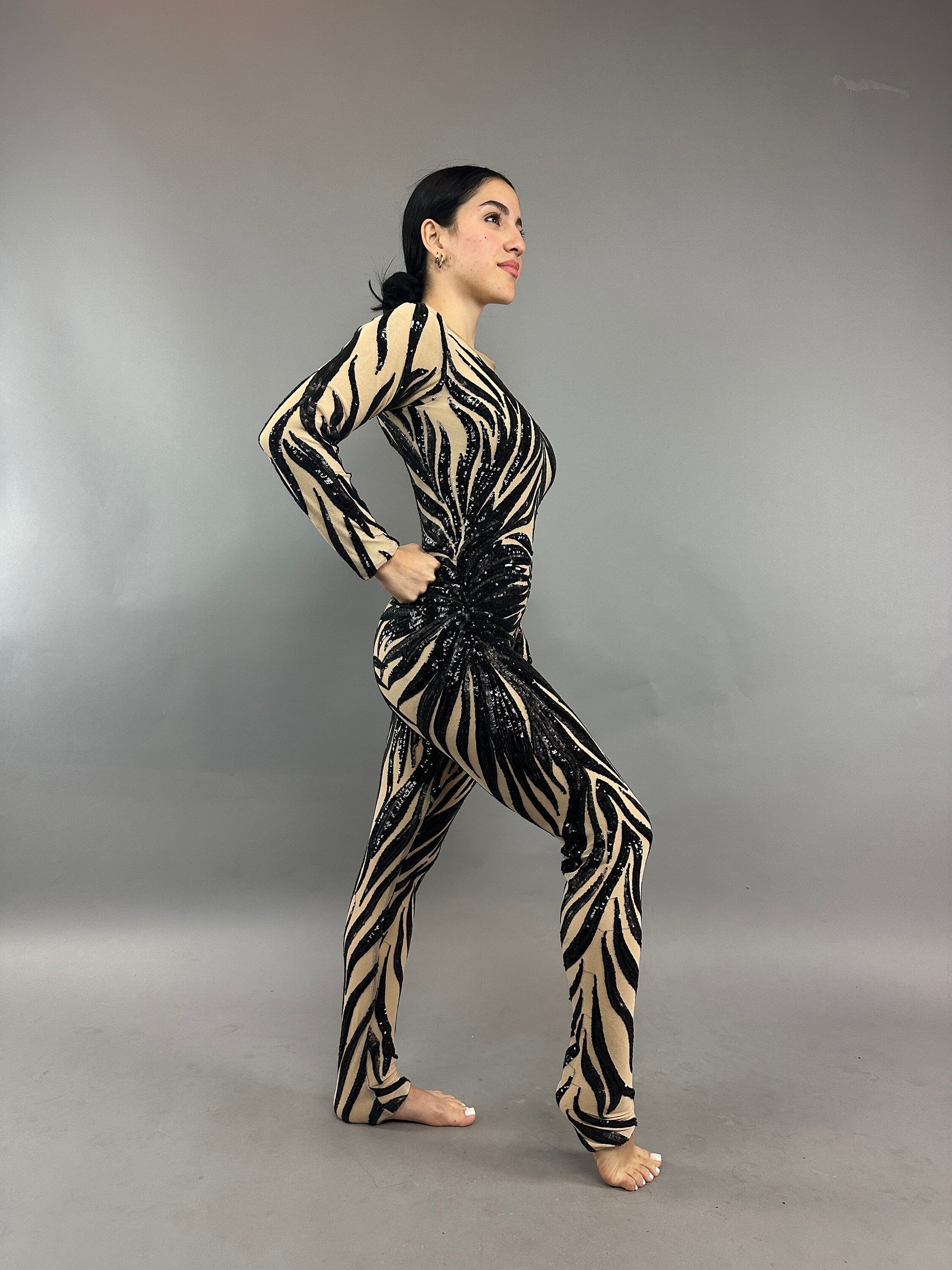 Black Sequin on Beige Catsuit, Scoop Neck, Full Sleeves