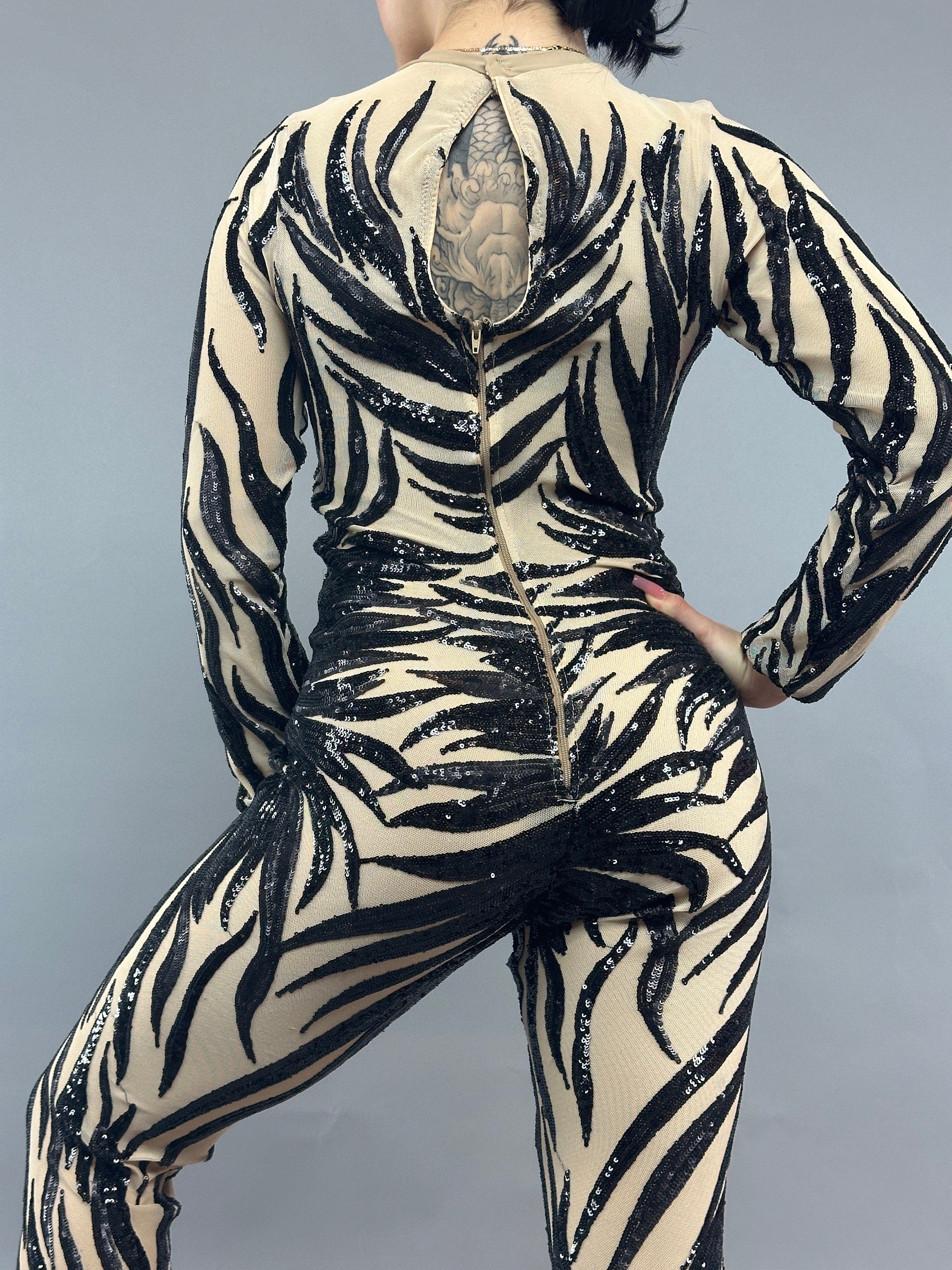 Black Sequin on Beige Catsuit, Scoop Neck, Full Sleeves