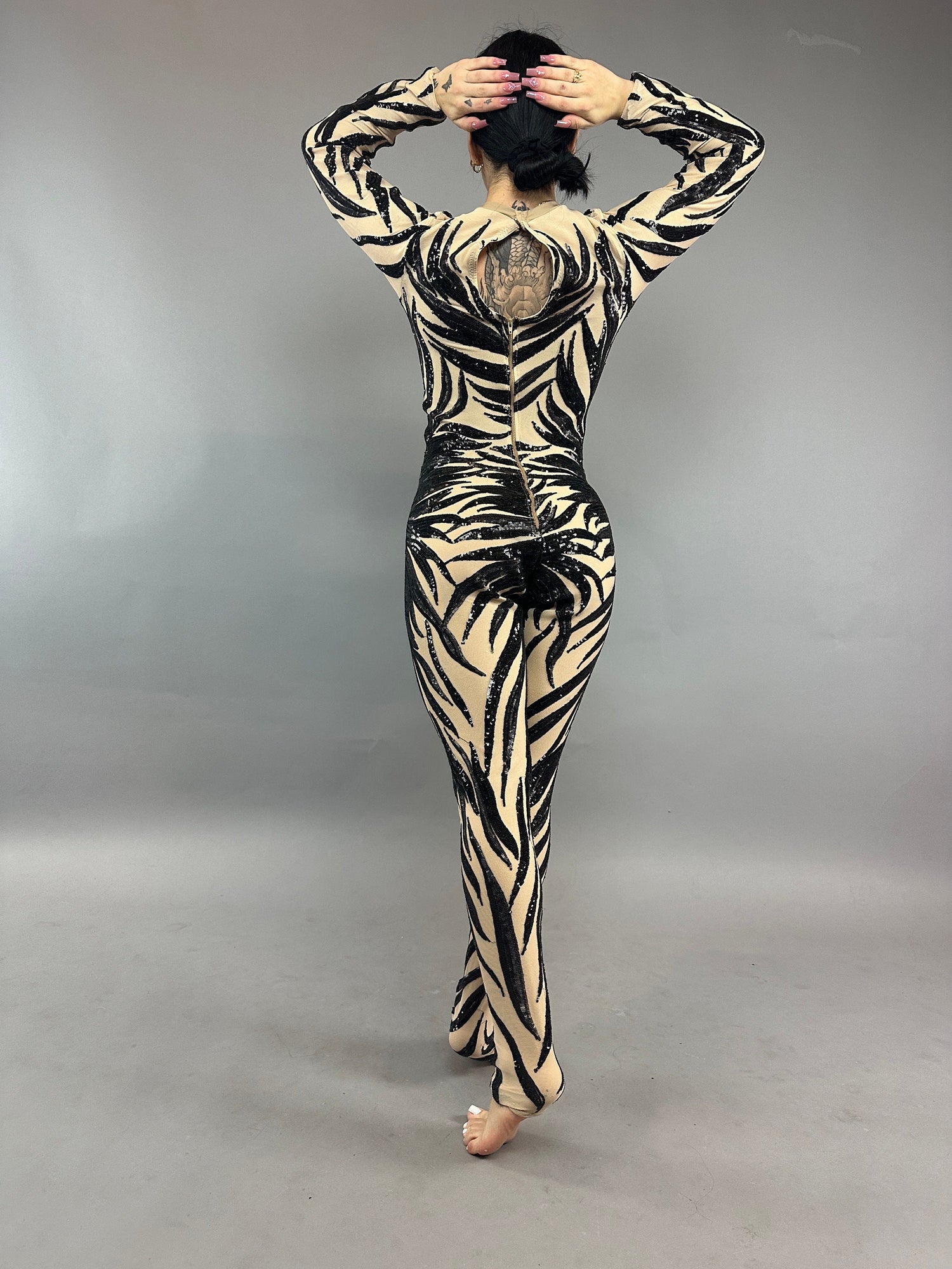 Black Sequin on Beige Catsuit, Scoop Neck, Full Sleeves