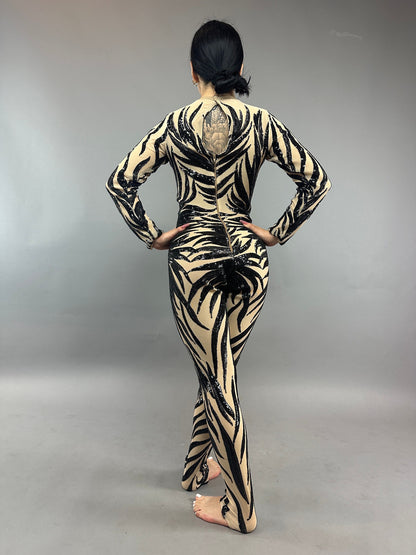 Black Sequin on Beige Catsuit, Scoop Neck, Full Sleeves