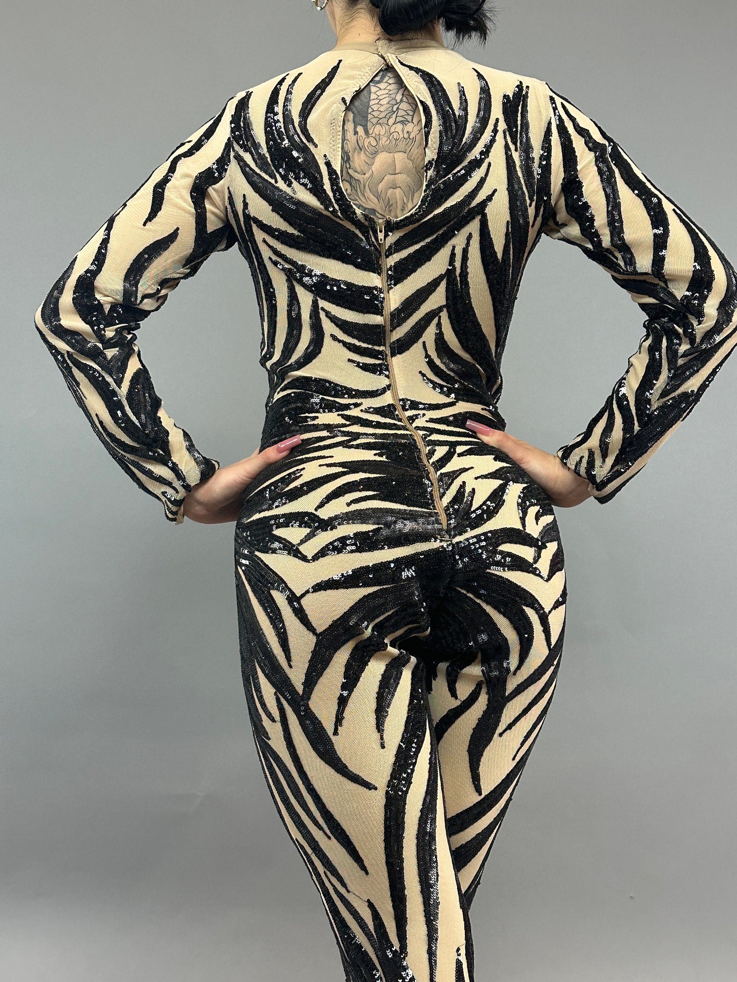 Black Sequin on Beige Catsuit, Scoop Neck, Full Sleeves