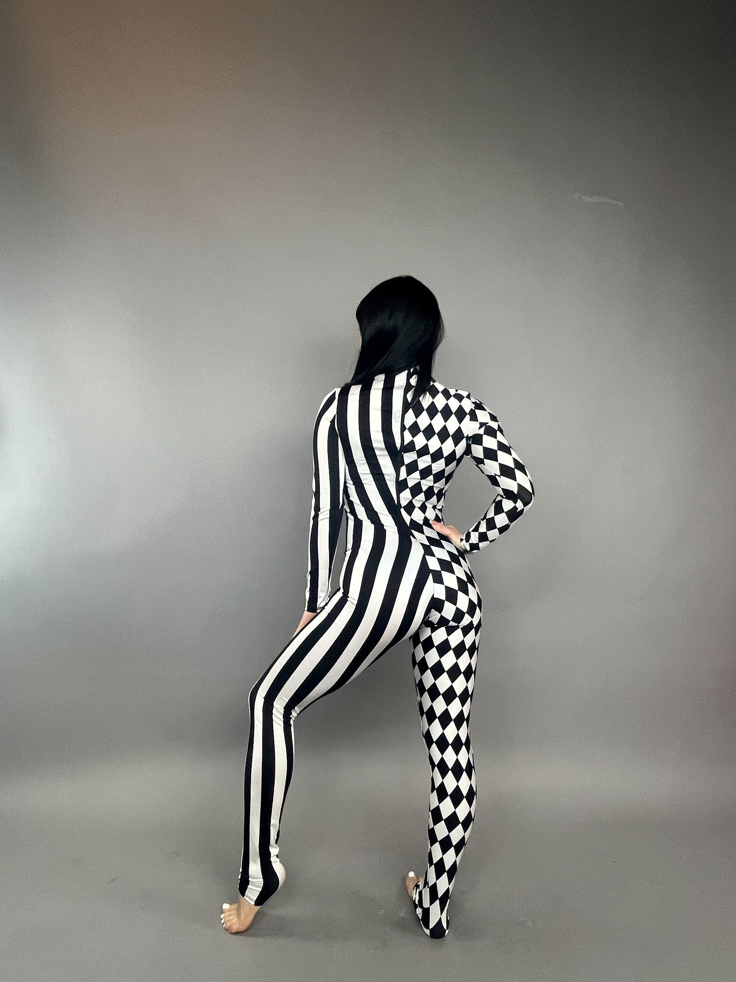 Black and White Split Fabric Catsuit, Stripes and Diamond Jumpsuit, Full Sleeves, Turtleneck