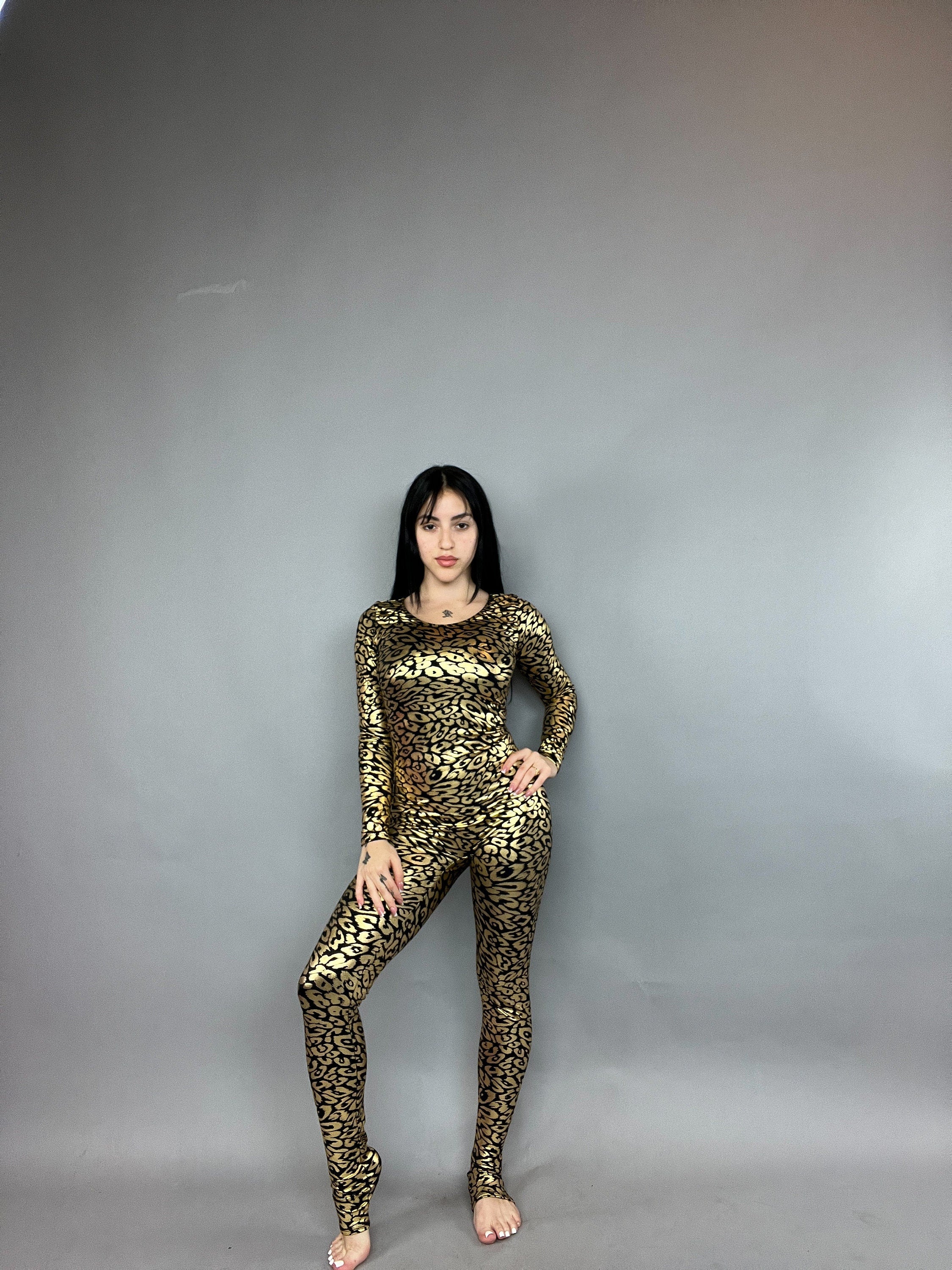 Gold Cheetah Print Spandex, Scoop Neckline, Long Arm Sleeves