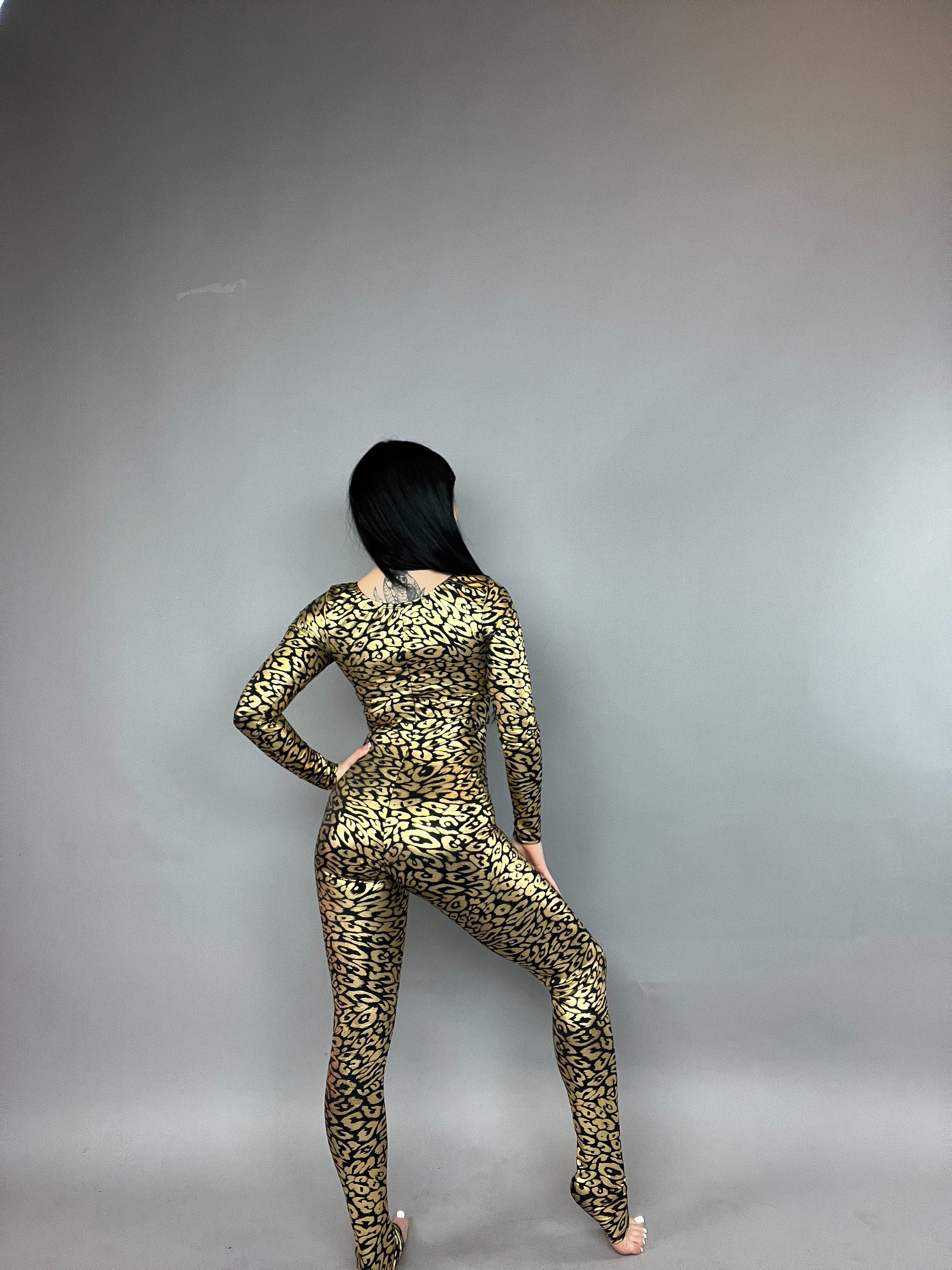 Gold Cheetah Print Spandex, Scoop Neckline, Long Arm Sleeves