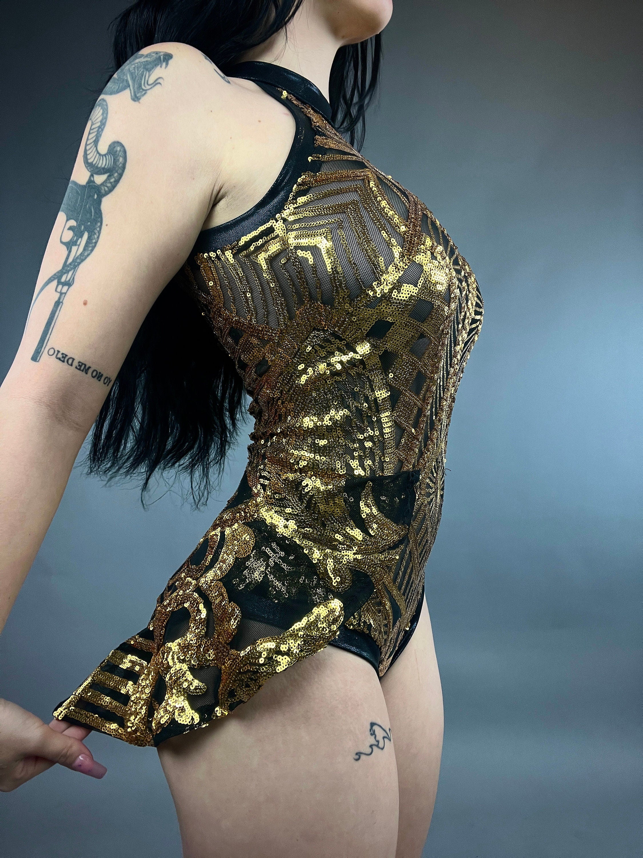 Glamorous Black &amp; Gold Sequin Leotard: Show Girl Costume, Salsa Dancer Bodysuit, Exotic Dance Wear